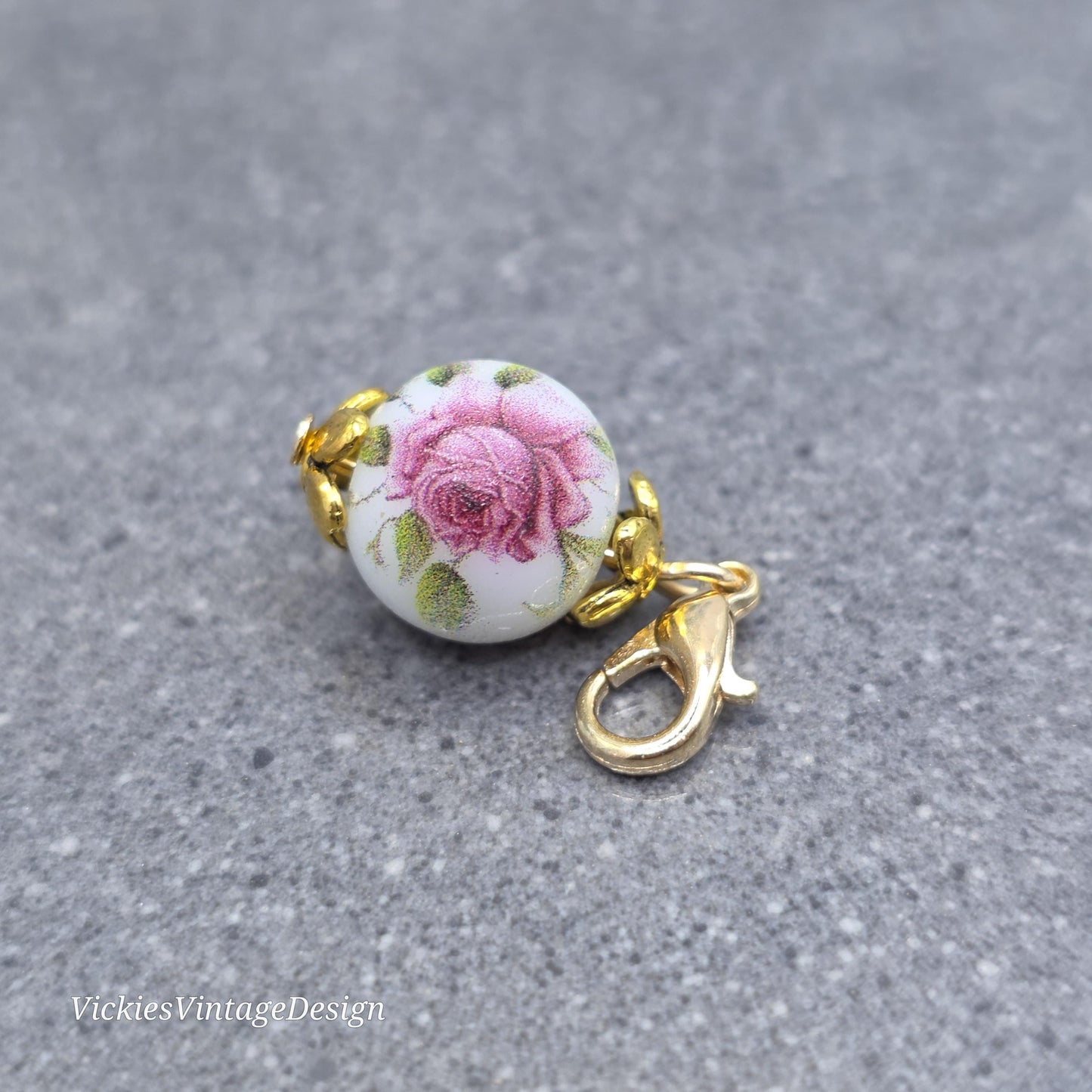 Ceramic rose Clip on Charm with Gold Lobster Clasp, Brass, Nickel Free, Stitch Marker, Zipper, Planner Charm