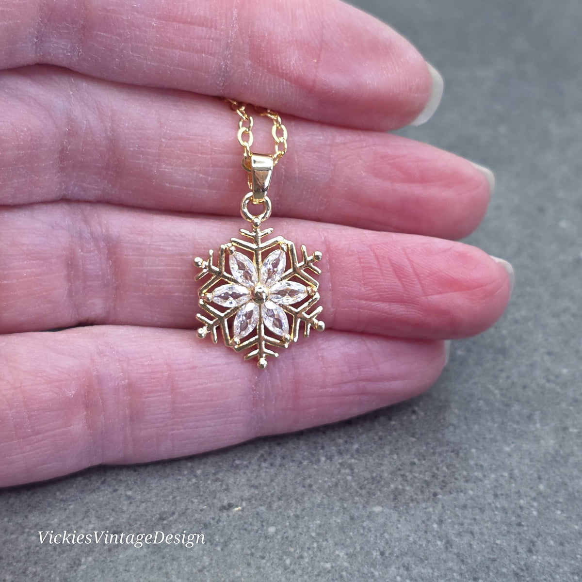 Crystal Clear Snowflake Necklace, Gold Snowflake Jewelry