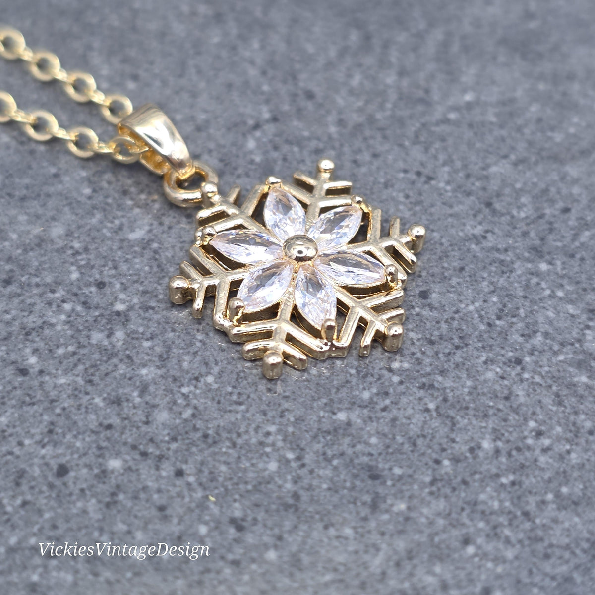 Crystal Clear Snowflake Necklace, Gold Snowflake Jewelry