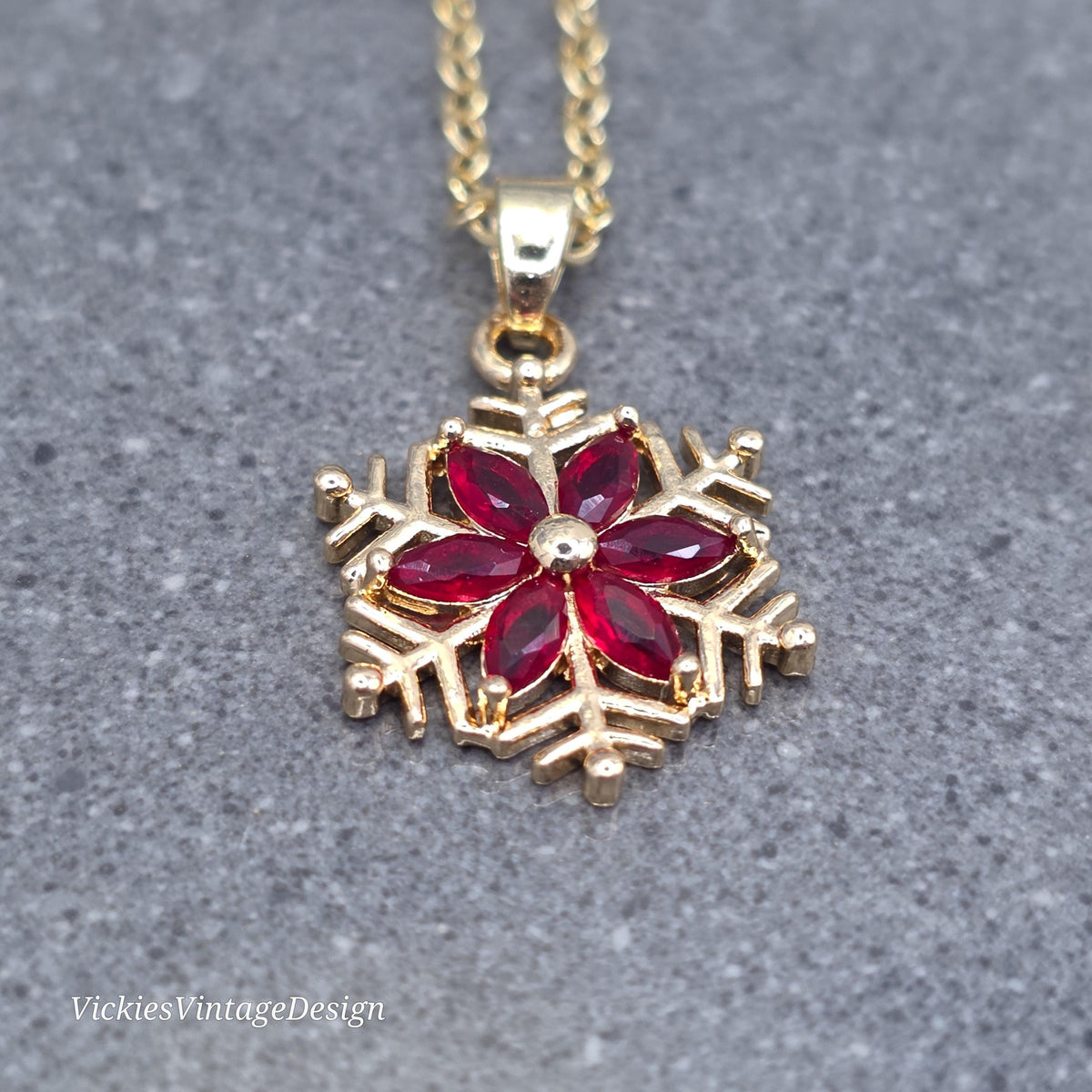 Red Snowflake Necklace, Gold Snowflake Jewelry