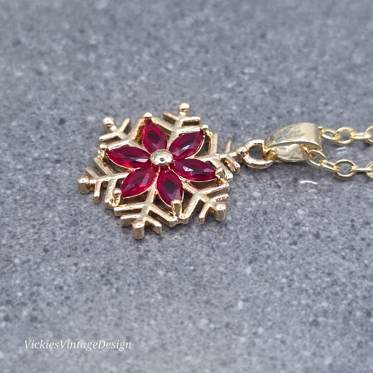 Red Snowflake Necklace, Gold Snowflake Jewelry