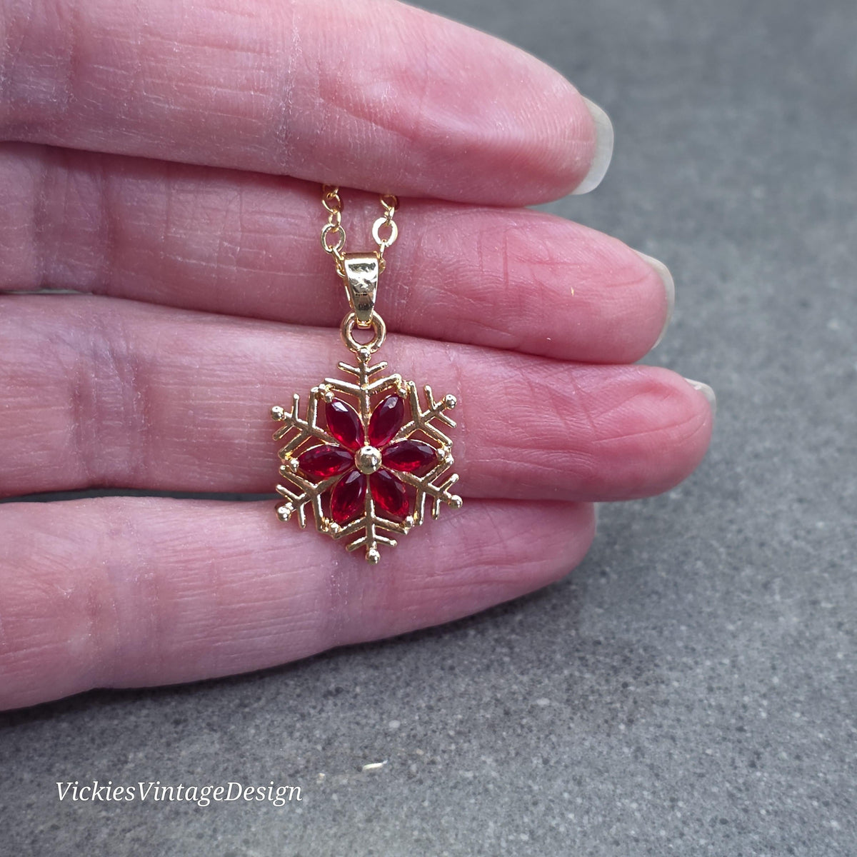 Red Snowflake Necklace, Gold Snowflake Jewelry