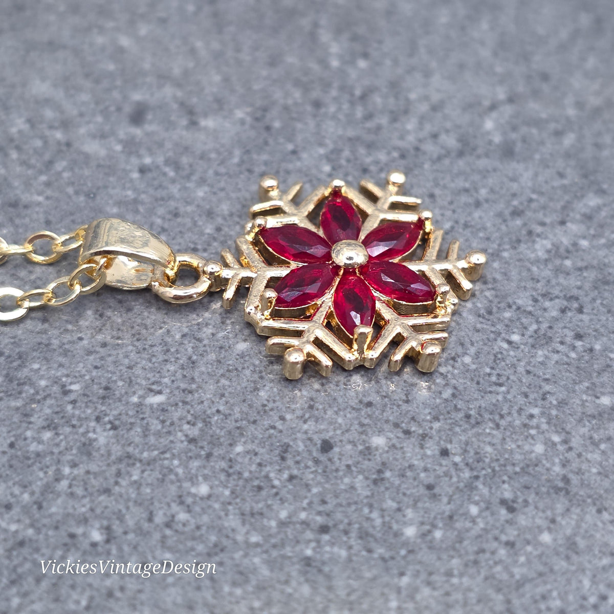 Red Snowflake Necklace, Gold Snowflake Jewelry
