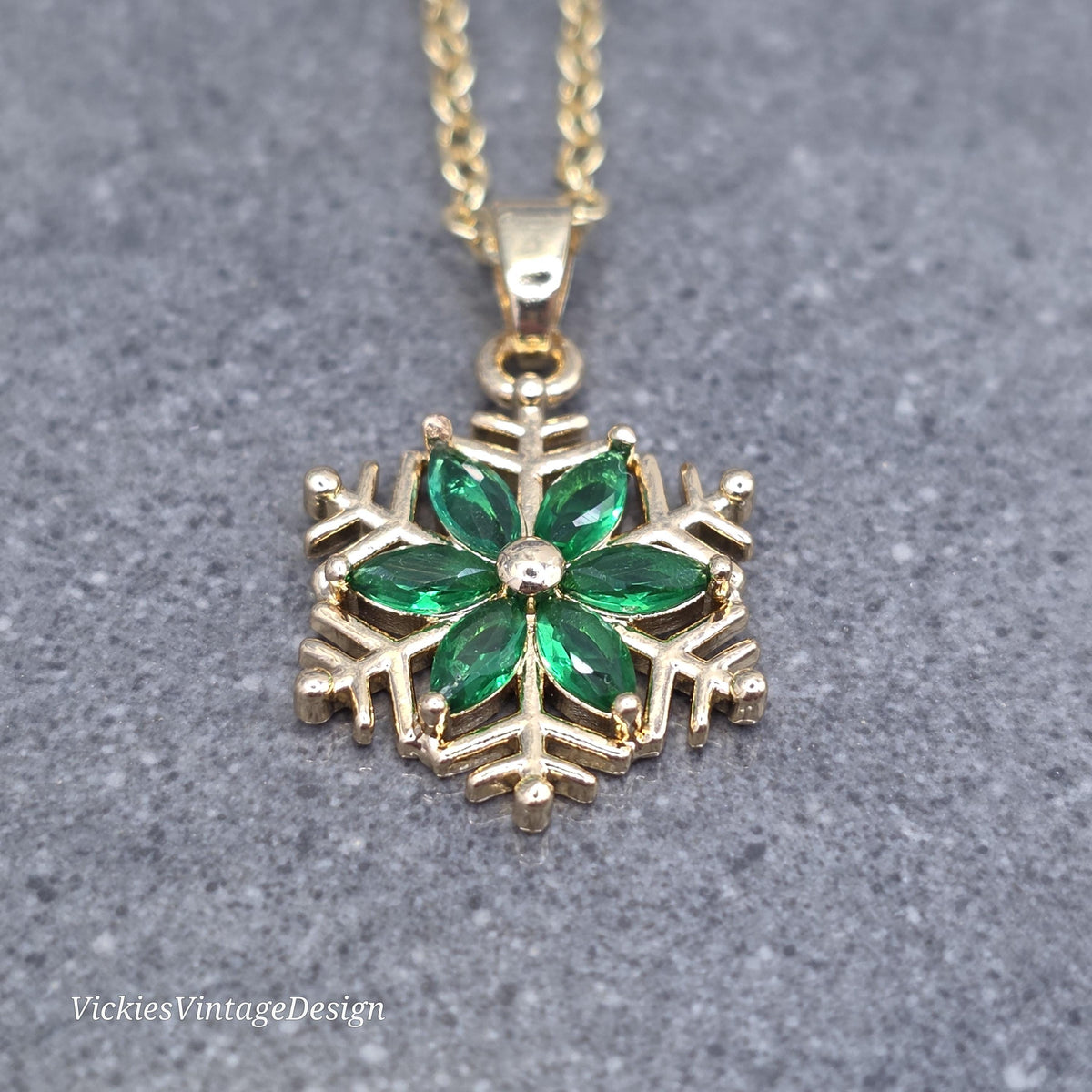 Green Snowflake Necklace, Gold Snowflake Jewelry