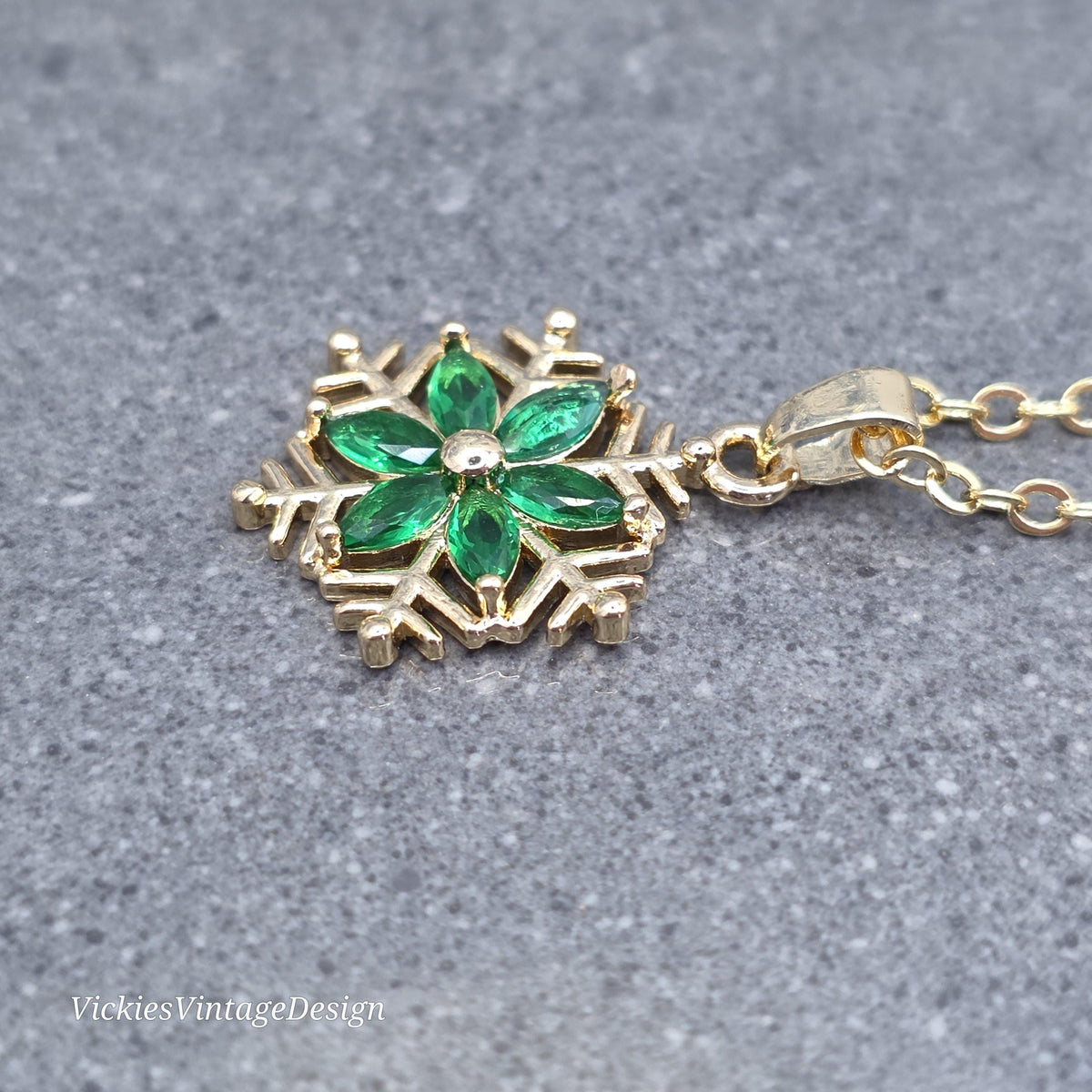 Green Snowflake Necklace, Gold Snowflake Jewelry