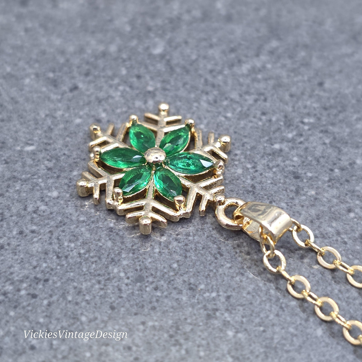 Green Snowflake Necklace, Gold Snowflake Jewelry