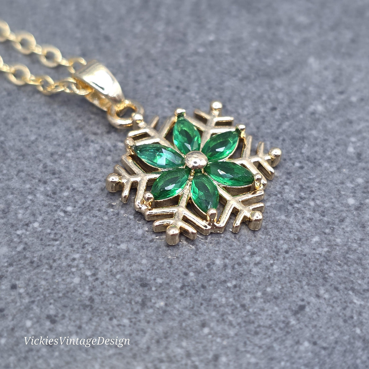 Green Snowflake Necklace, Gold Snowflake Jewelry