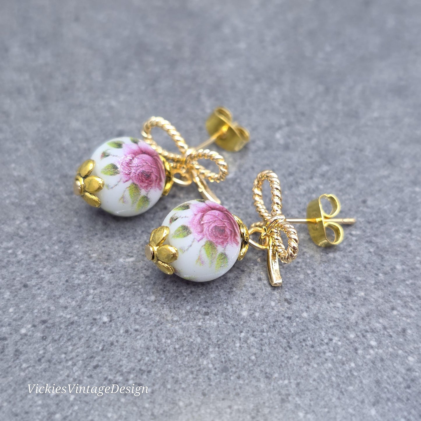 Glass Gold Rose Earrings, Glass Pearl Earrings, Brass bow studs, Pink Rose Jewellery, Vintage Style Earrings