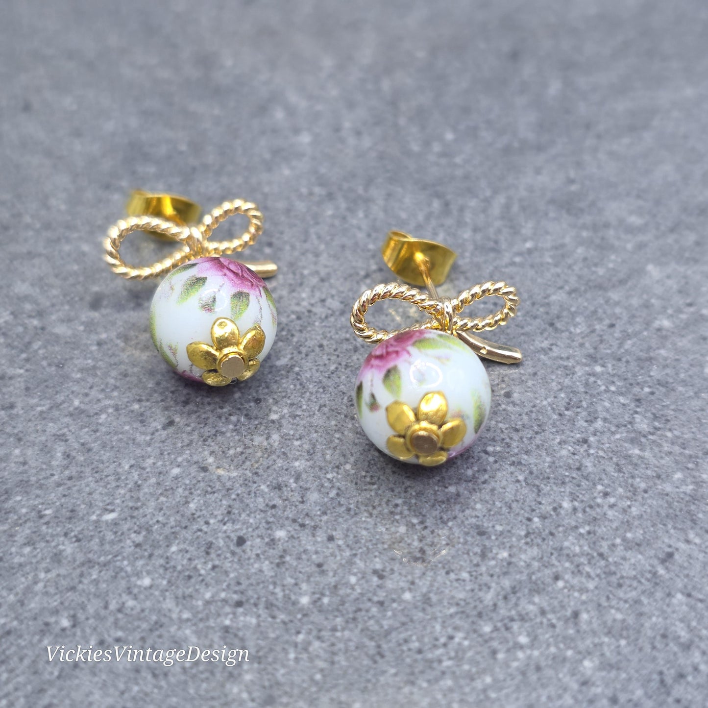 Glass Gold Rose Earrings, Glass Pearl Earrings, Brass bow studs, Pink Rose Jewellery, Vintage Style Earrings
