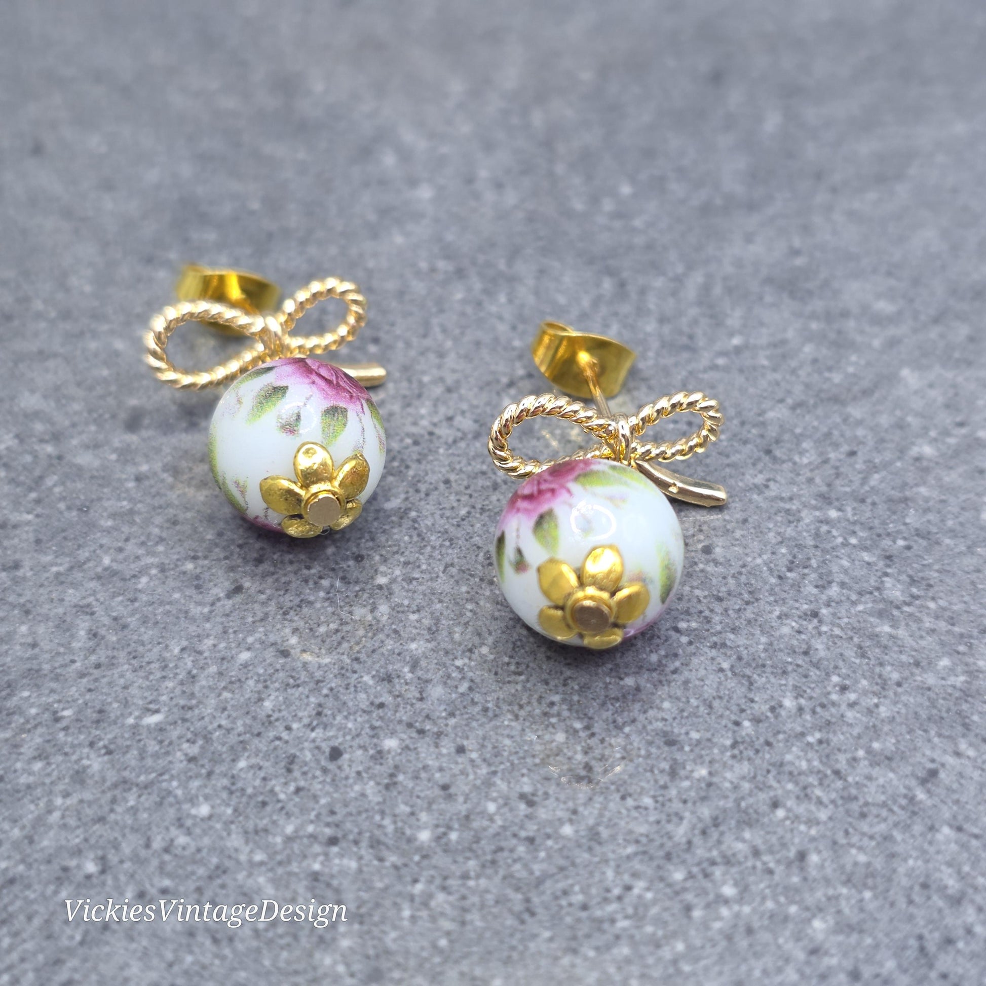 Glass Gold Rose Earrings, Glass Pearl Earrings, Brass bow studs, Pink Rose Jewellery, Vintage Style Earrings