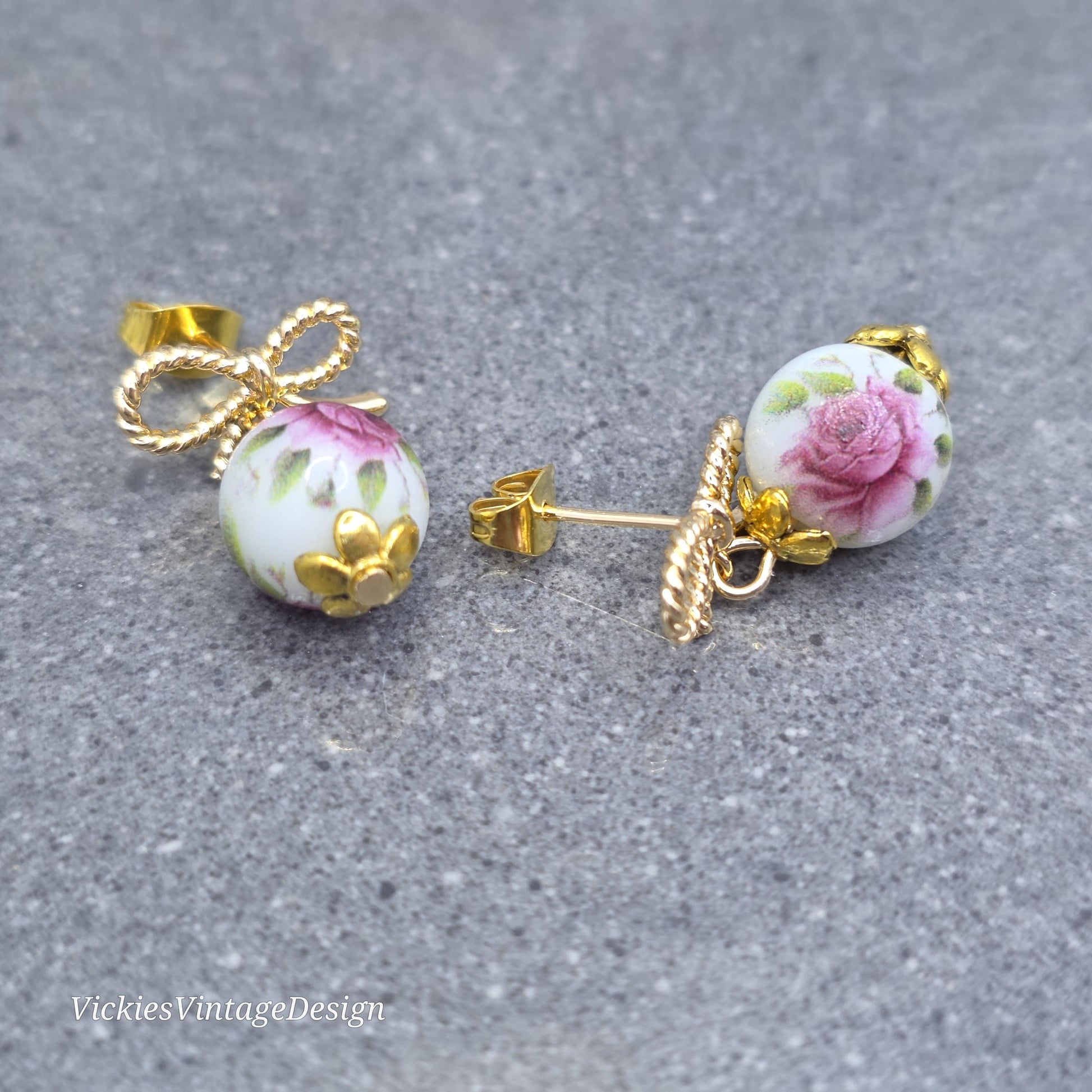 Glass Gold Rose Earrings, Glass Pearl Earrings, Brass bow studs, Pink Rose Jewellery, Vintage Style Earrings