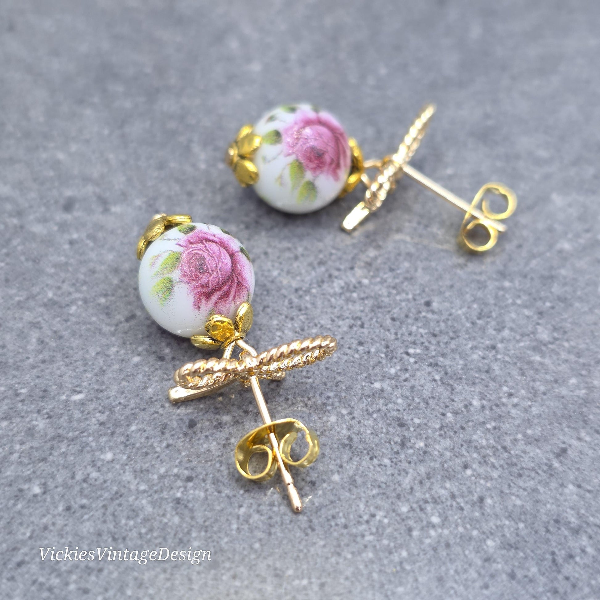 Glass Gold Rose Earrings, Glass Pearl Earrings, Brass bow studs, Pink Rose Jewellery, Vintage Style Earrings
