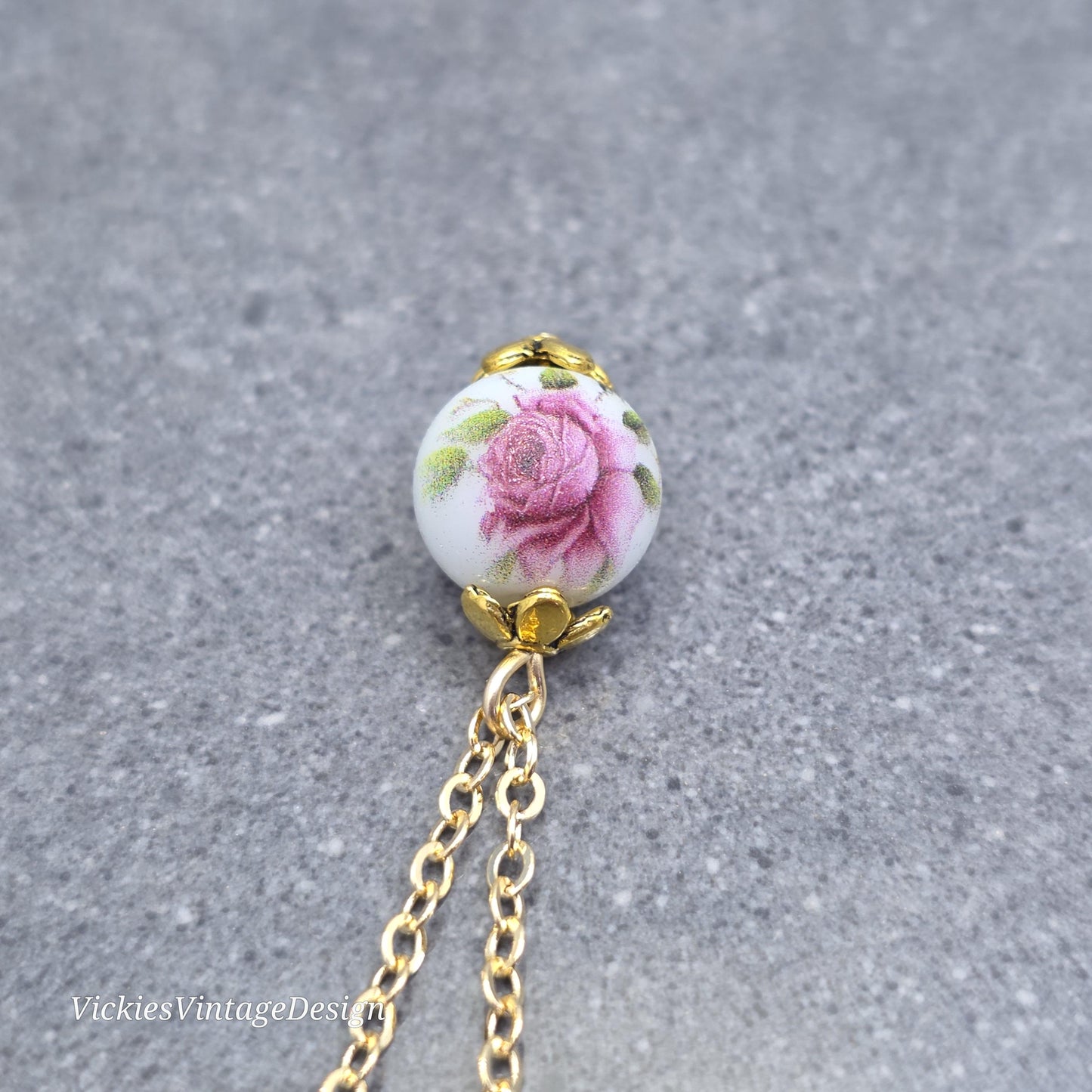 Glass Gold Rose Necklace, Glass Pearl Choker, Pearl Necklace, Pink Rose Jewellery, Vintage Style Necklace
