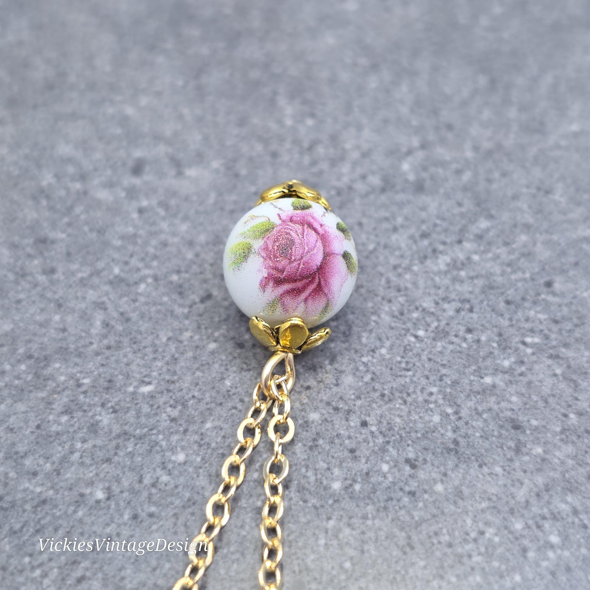 Glass Gold Rose Necklace, Glass Pearl Choker, Pearl Necklace, Pink Rose Jewellery, Vintage Style Necklace