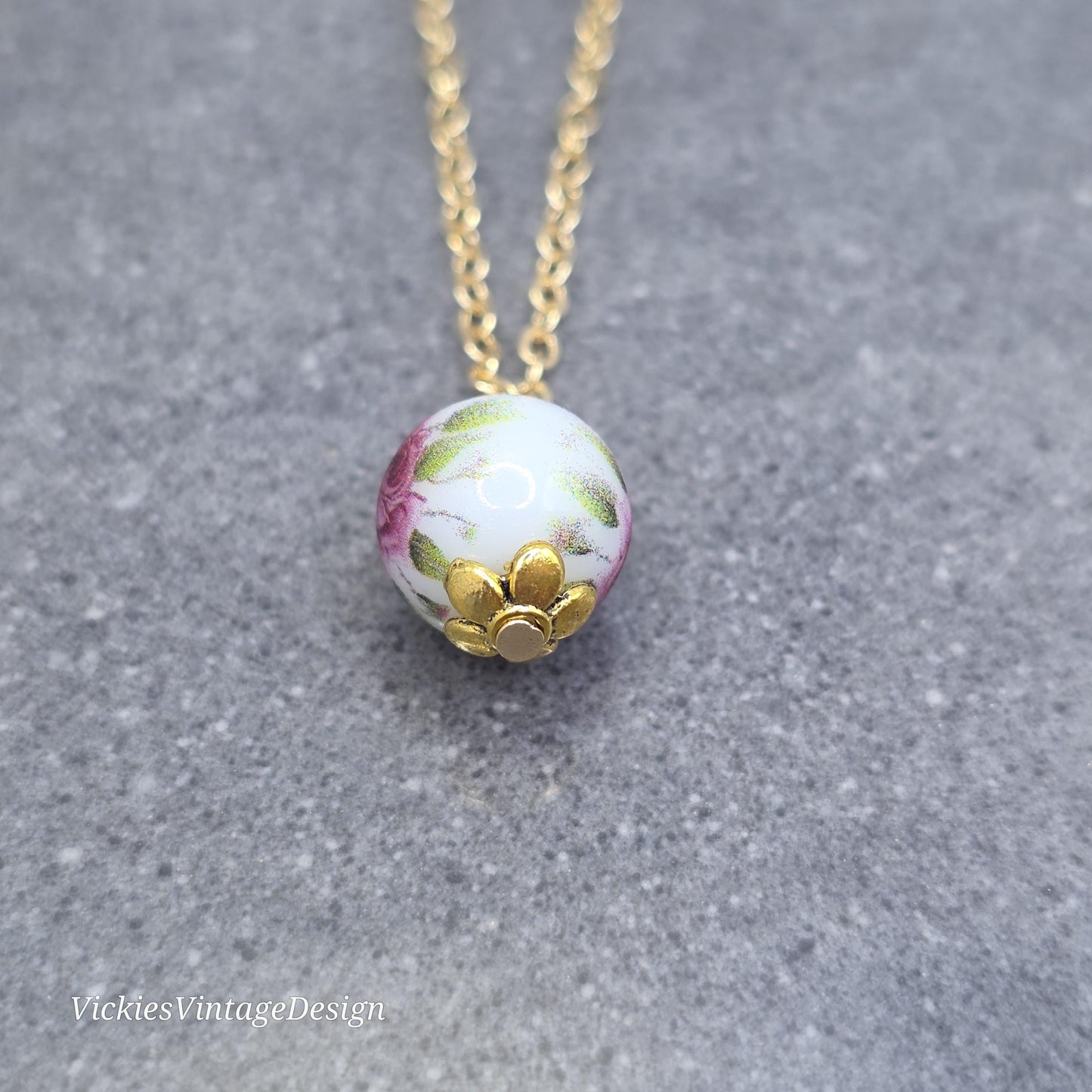 Glass Gold Rose Necklace, Glass Pearl Choker, Pearl Necklace, Pink Rose Jewellery, Vintage Style Necklace
