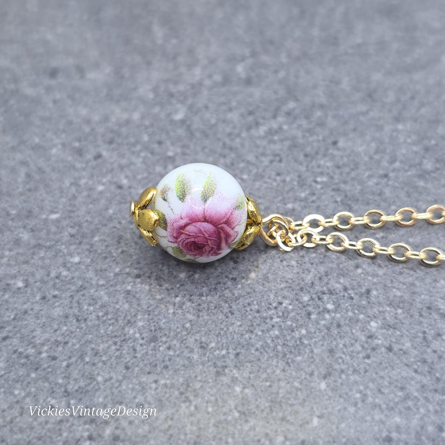 Glass Gold Rose Necklace, Glass Pearl Choker, Pearl Necklace, Pink Rose Jewellery, Vintage Style Necklace