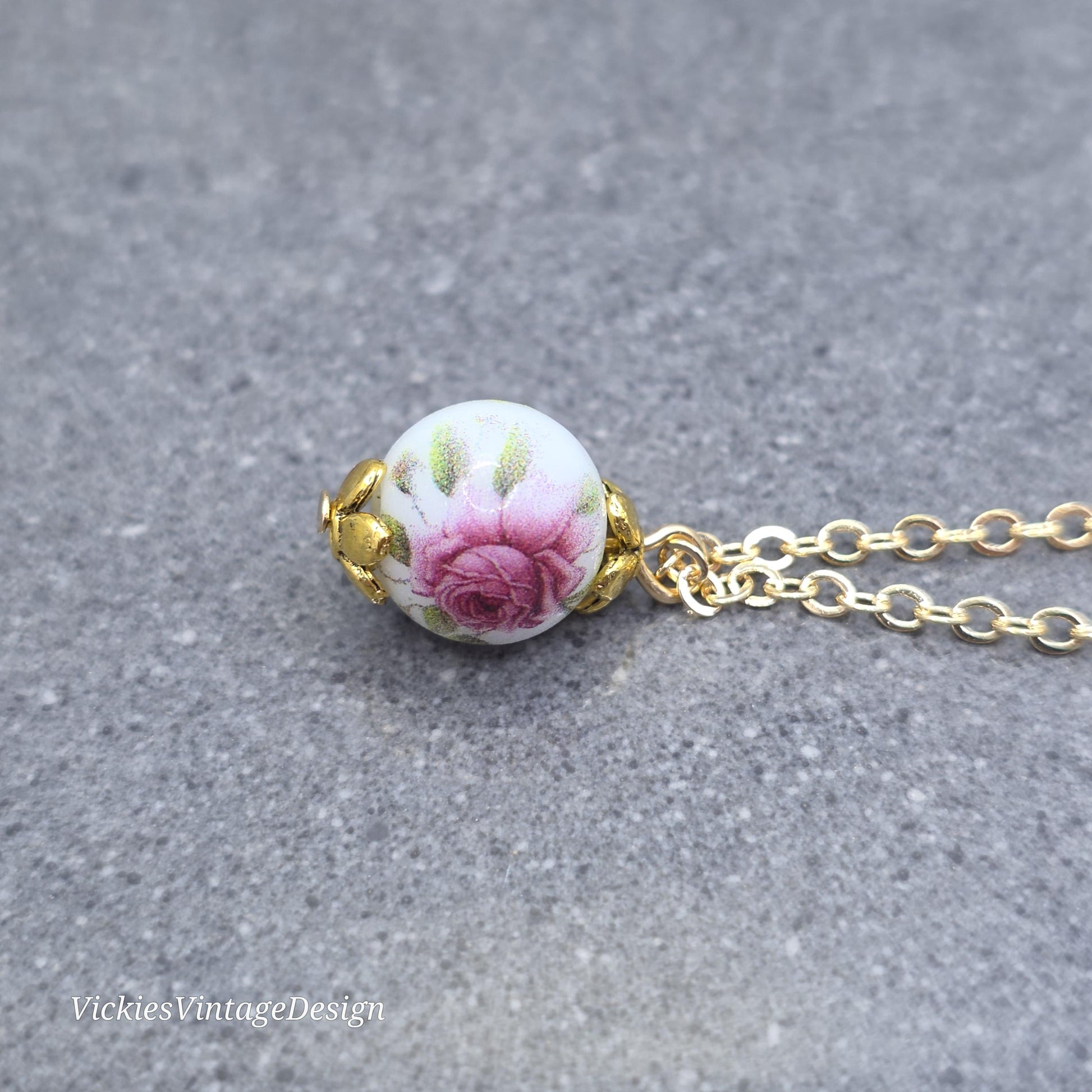 Glass Gold Rose Necklace, Glass Pearl Choker, Pearl Necklace, Pink Rose Jewellery, Vintage Style Necklace