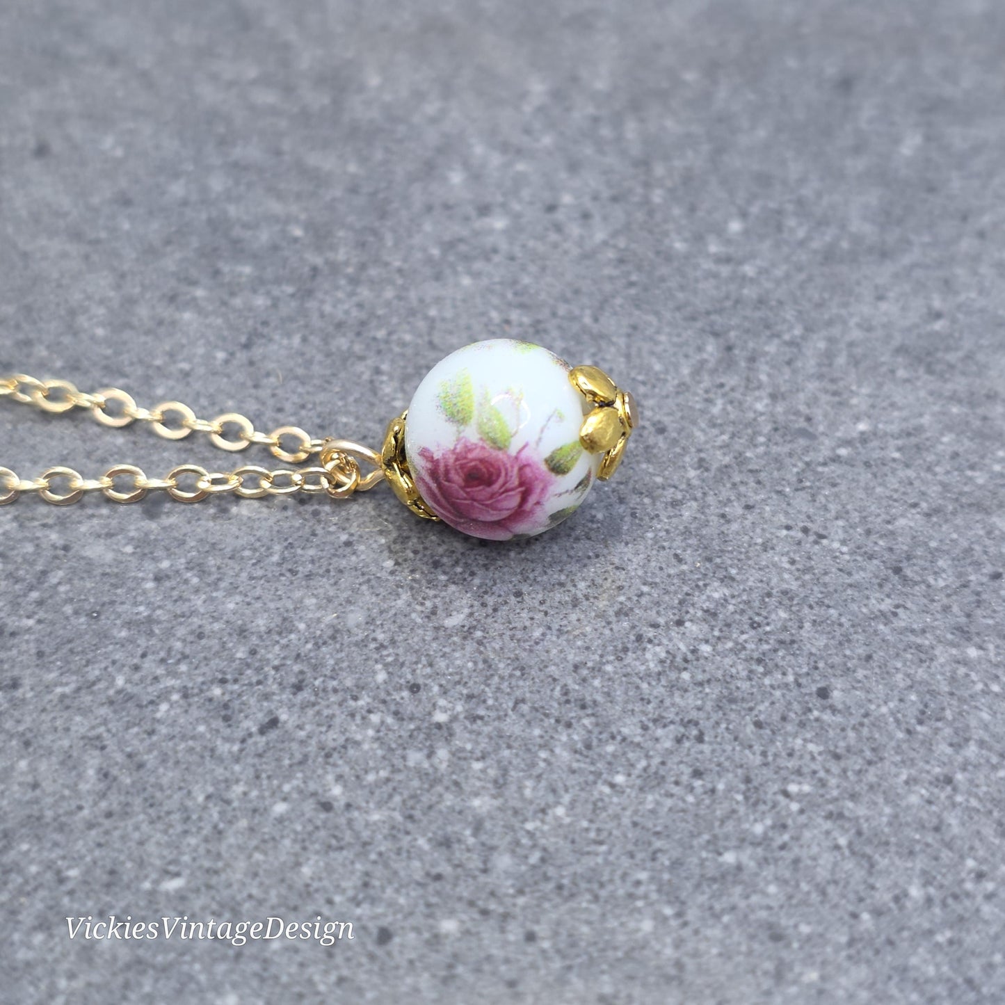 Glass Gold Rose Necklace, Glass Pearl Choker, Pearl Necklace, Pink Rose Jewellery, Vintage Style Necklace