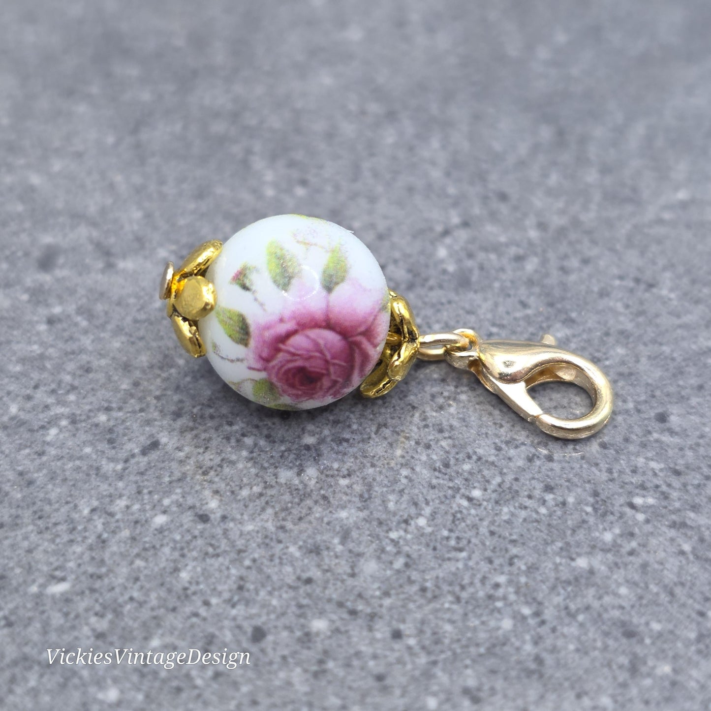 Ceramic rose Clip on Charm with Gold Lobster Clasp, Brass, Nickel Free, Stitch Marker, Zipper, Planner Charm