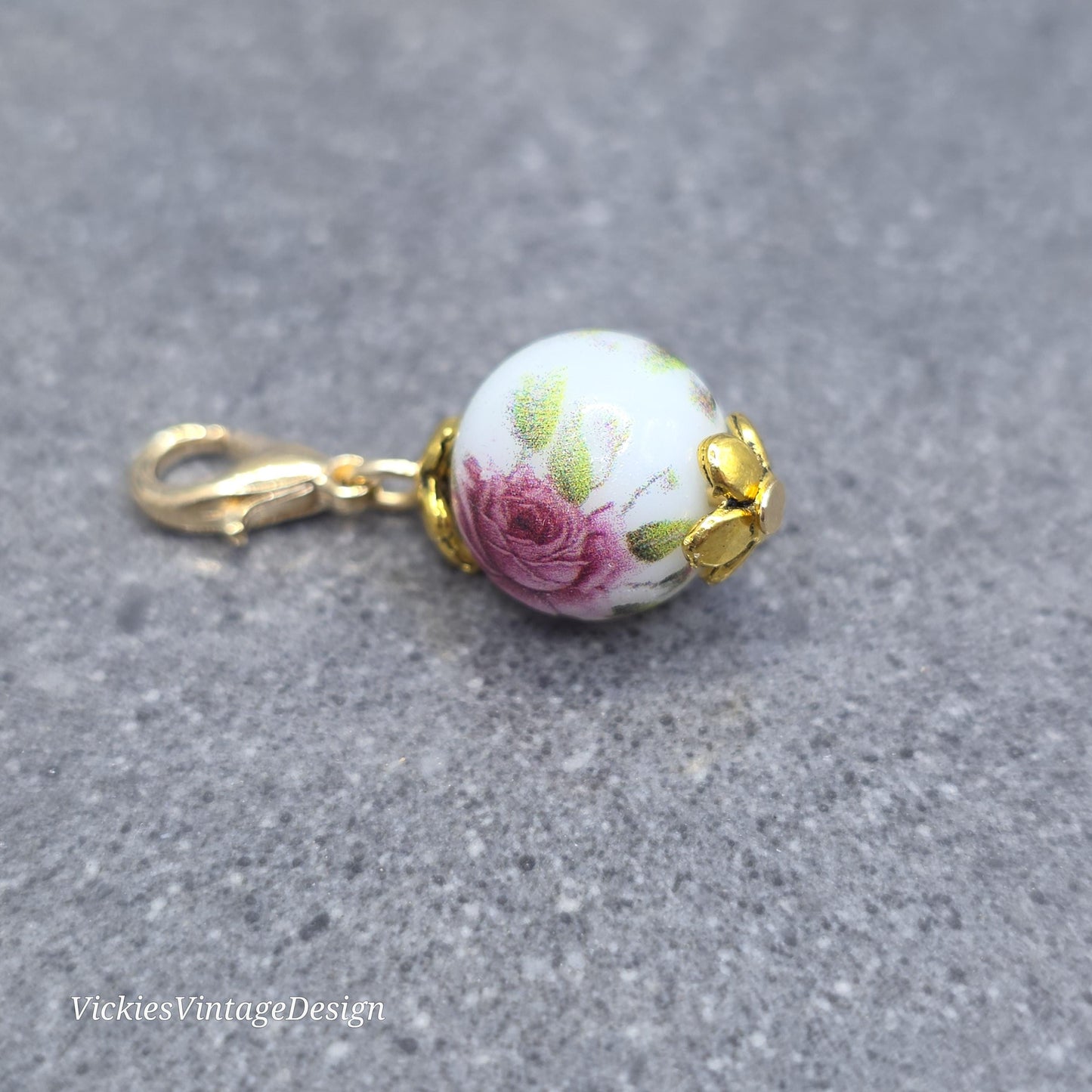 Ceramic rose Clip on Charm with Gold Lobster Clasp, Brass, Nickel Free, Stitch Marker, Zipper, Planner Charm