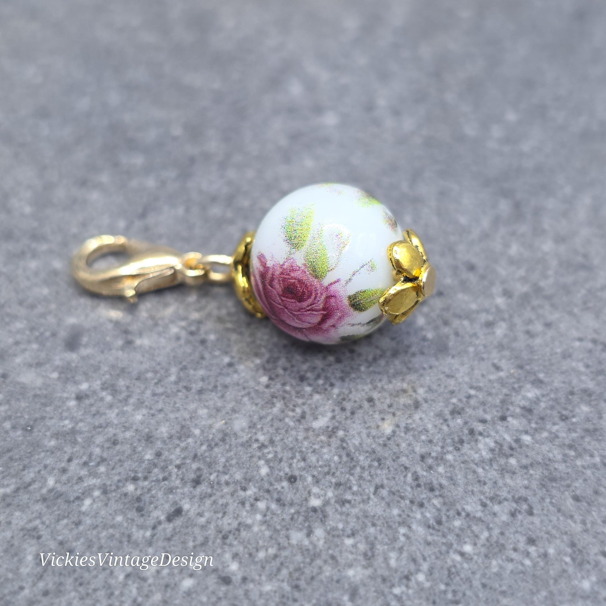 Ceramic rose Clip on Charm with Gold Lobster Clasp, Brass, Nickel Free, Stitch Marker, Zipper, Planner Charm