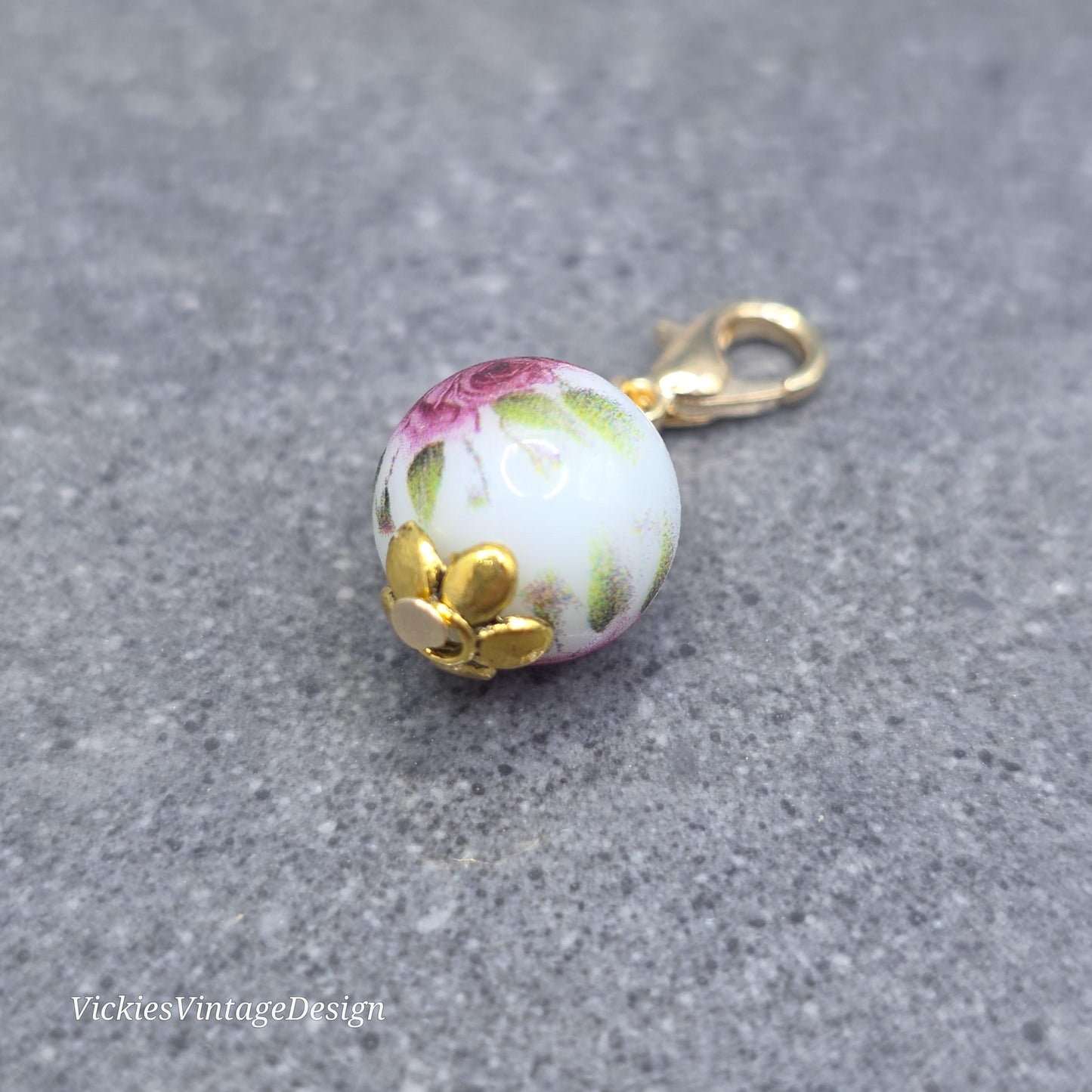 Ceramic rose Clip on Charm with Gold Lobster Clasp, Brass, Nickel Free, Stitch Marker, Zipper, Planner Charm