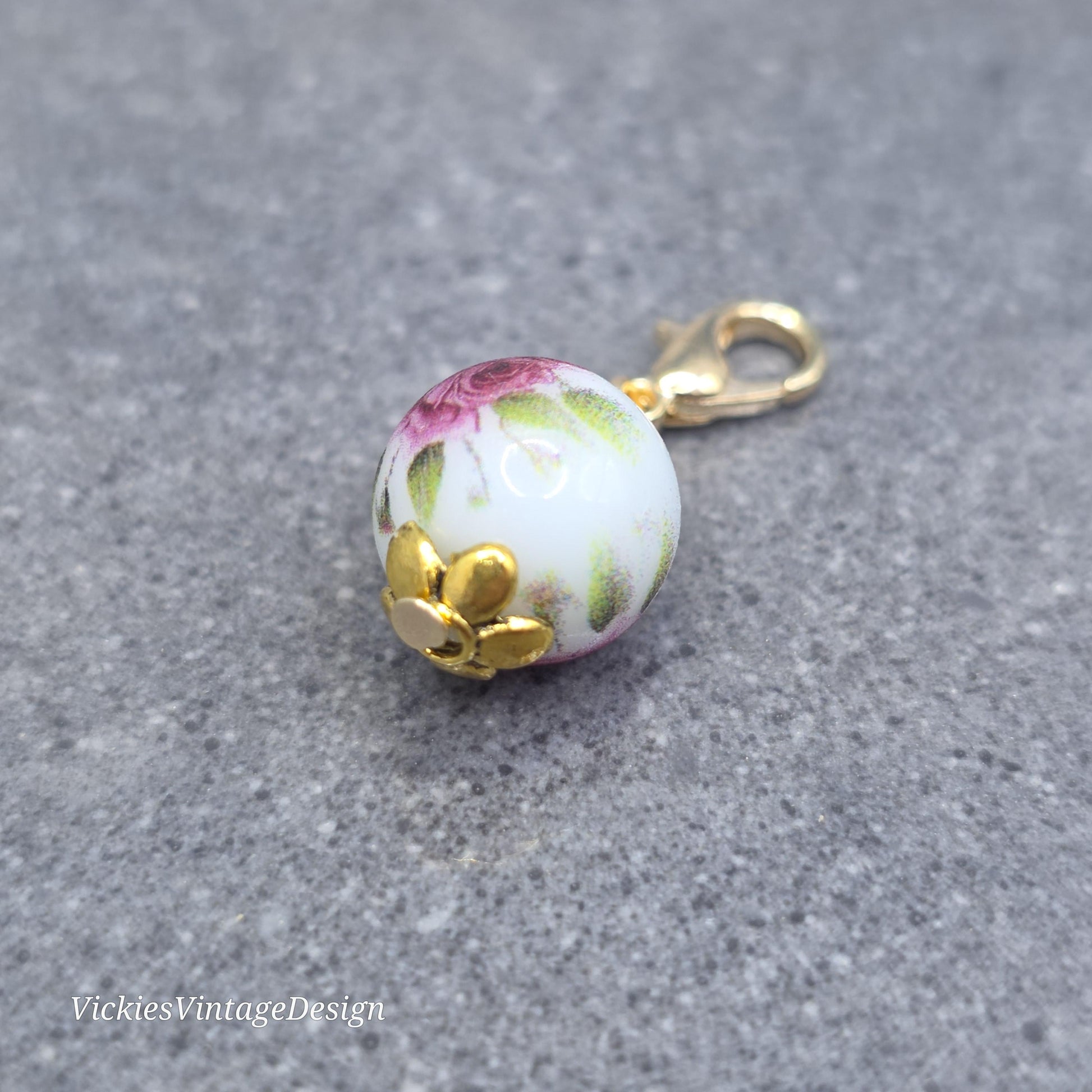 Ceramic rose Clip on Charm with Gold Lobster Clasp, Brass, Nickel Free, Stitch Marker, Zipper, Planner Charm