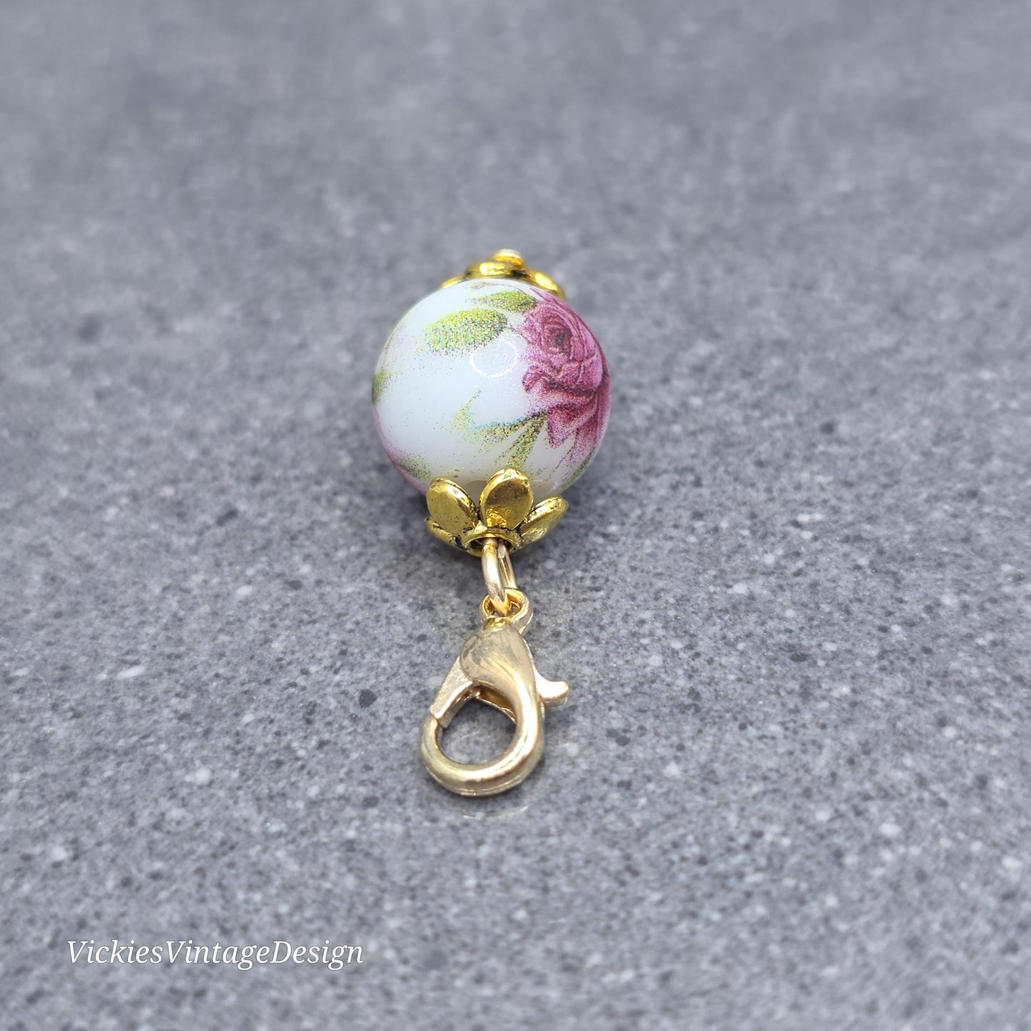 Ceramic rose Clip on Charm with Gold Lobster Clasp, Brass, Nickel Free, Stitch Marker, Zipper, Planner Charm