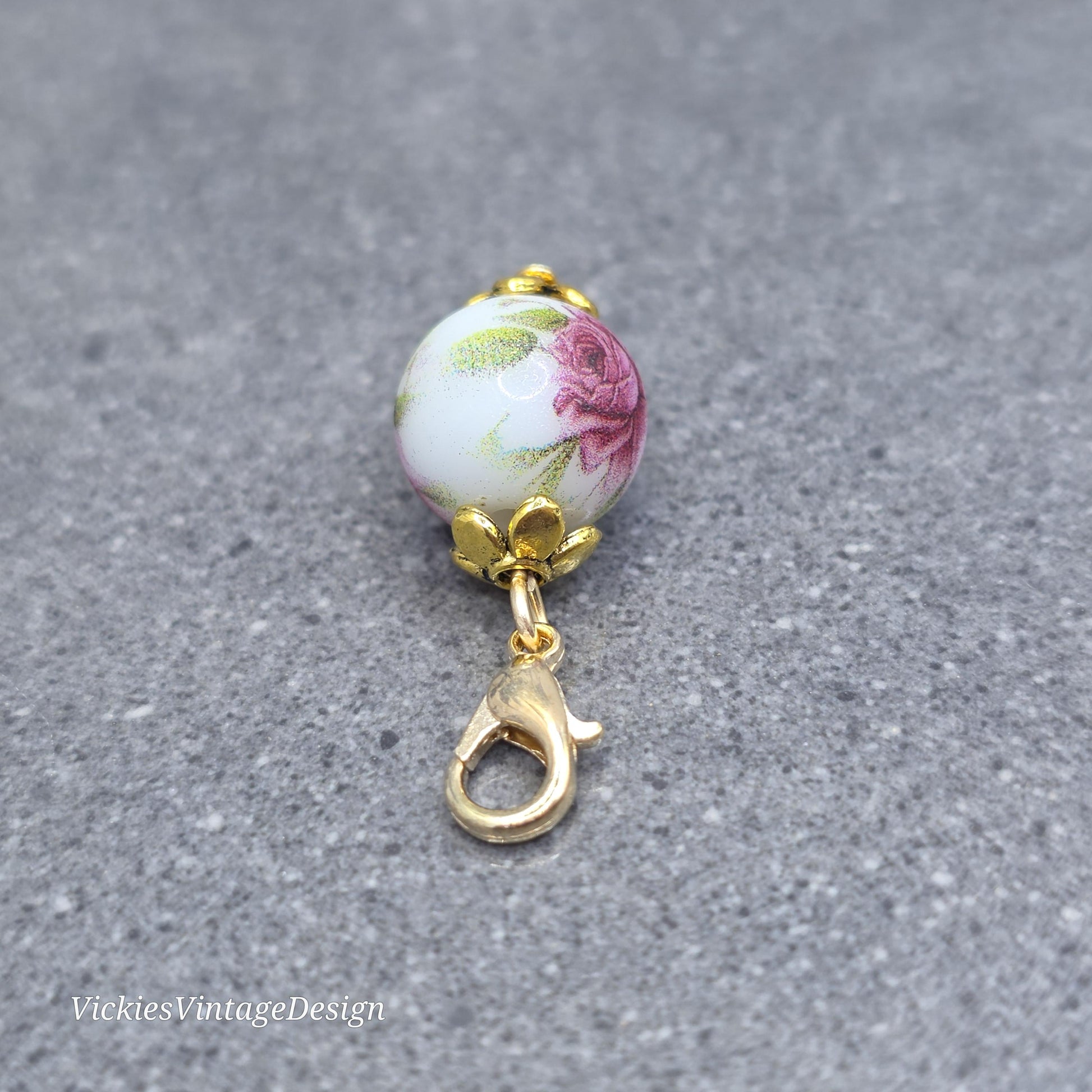 Ceramic rose Clip on Charm with Gold Lobster Clasp, Brass, Nickel Free, Stitch Marker, Zipper, Planner Charm