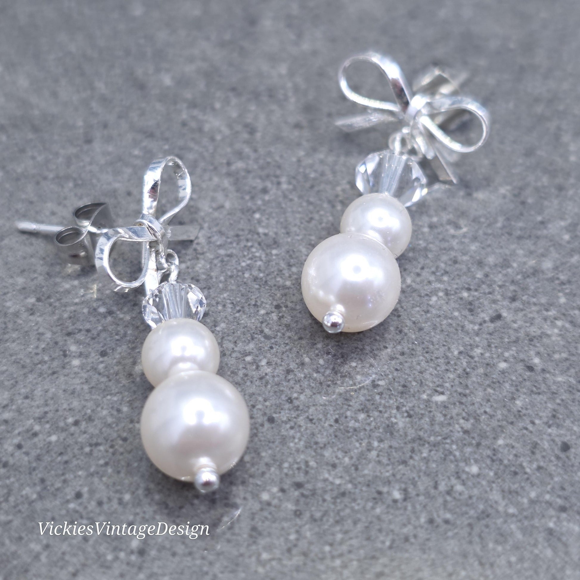 Primero Crystals® Pearl Bow Earrings; Elegant Sparkly Earrings, Bridal and Special Occasion Jewellery