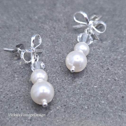 Primero Crystals® Pearl Bow Earrings; Elegant Sparkly Earrings, Bridal and Special Occasion Jewellery