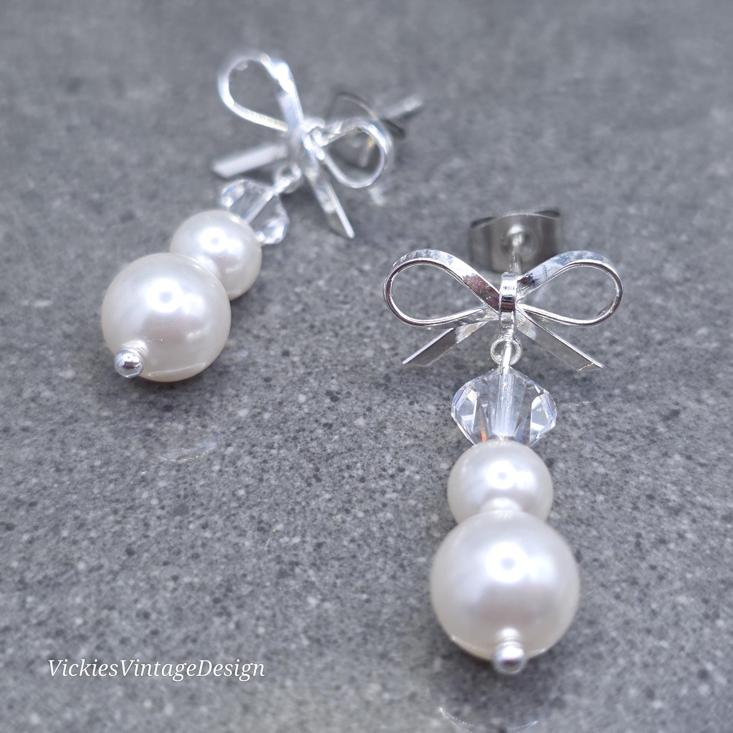 Primero Crystals® Pearl Bow Earrings; Elegant Sparkly Earrings, Bridal and Special Occasion Jewellery