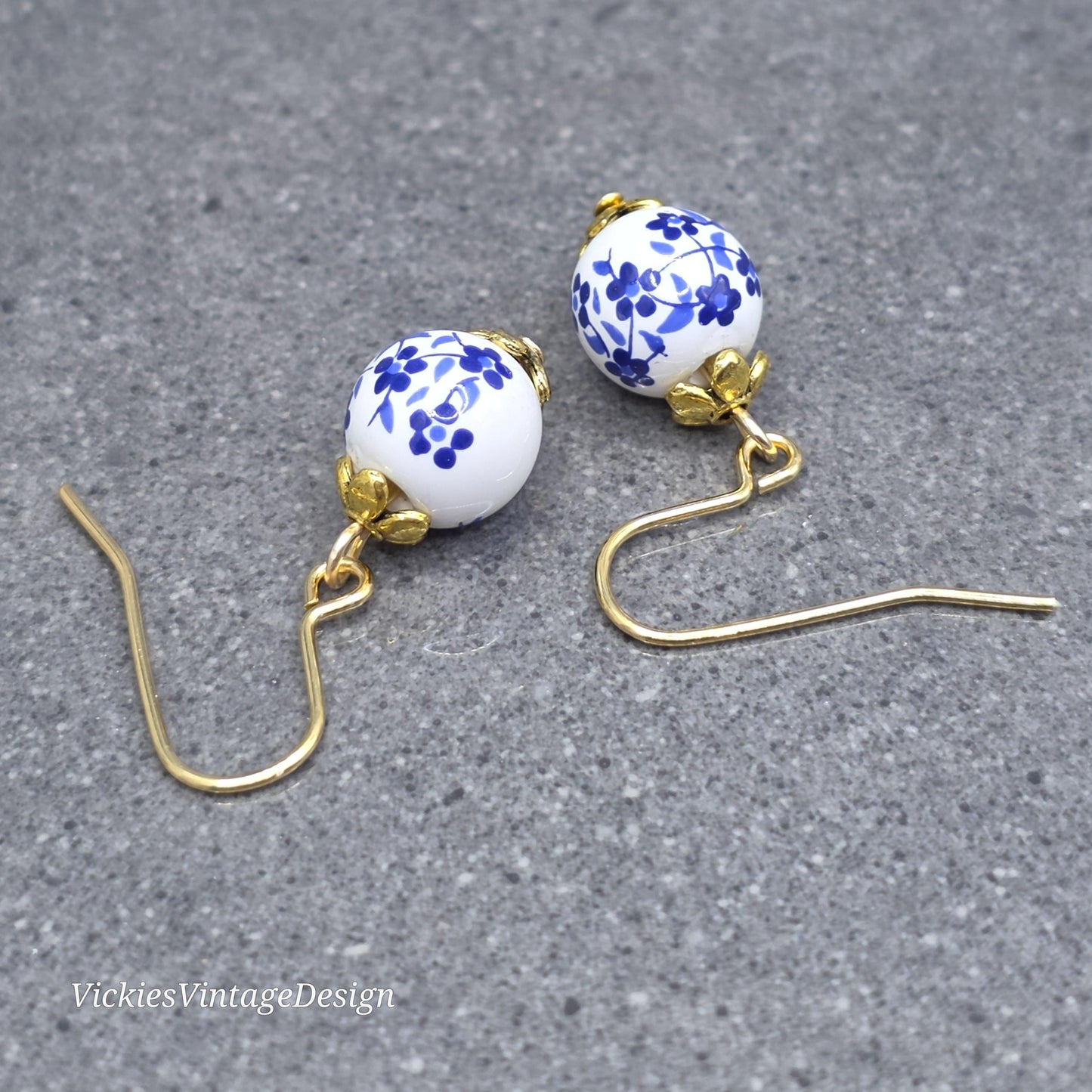 Ceramic Blue and White Flower Earrings; Choice of Ear Wires