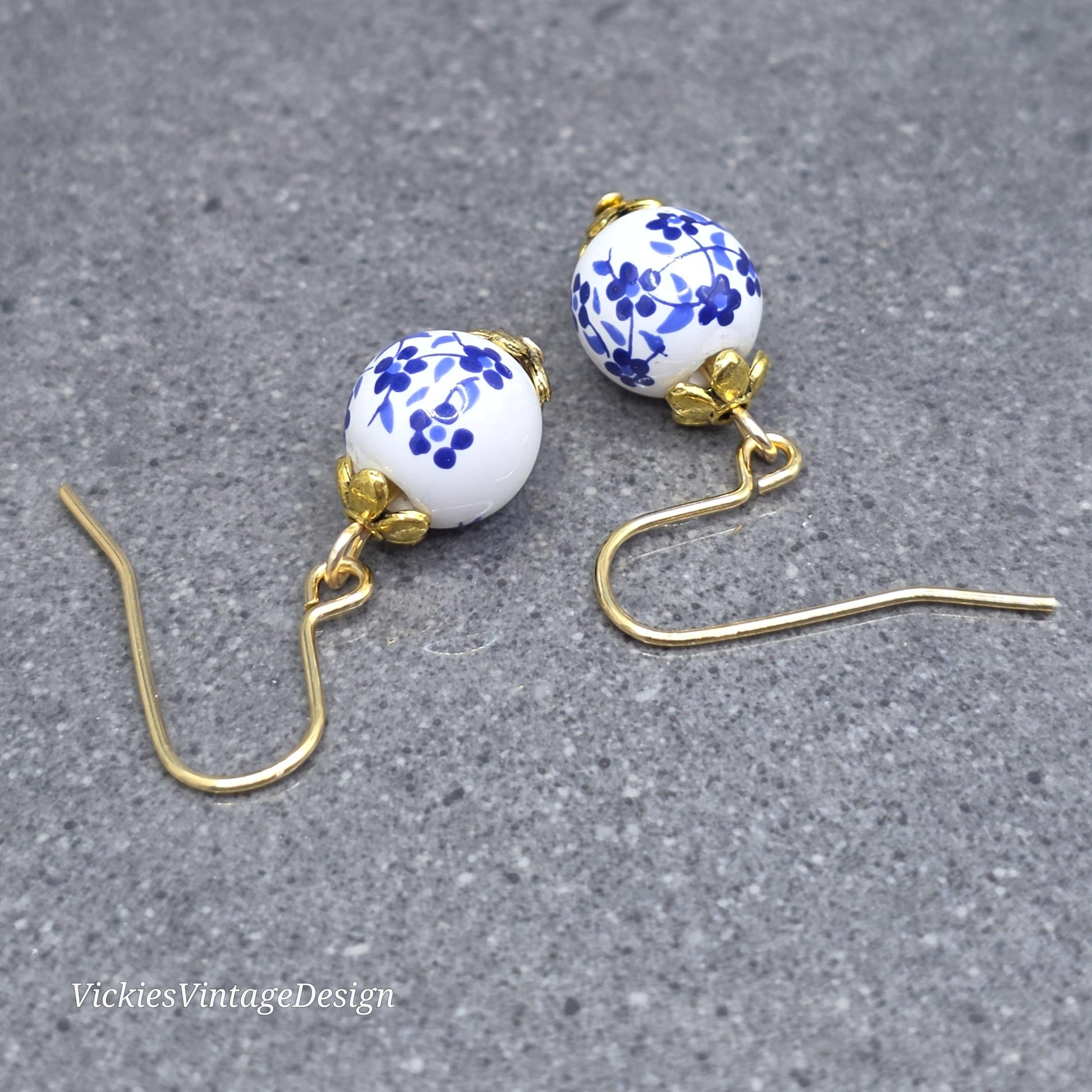 Ceramic Blue and White Flower Earrings; Choice of Ear Wires