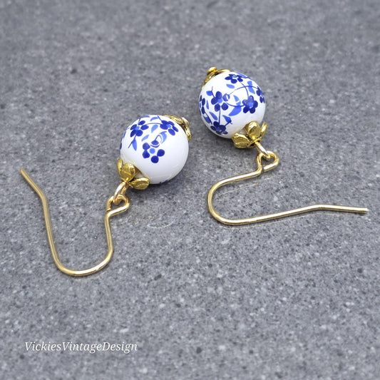 Ceramic Blue and White Flower Earrings; Choice of Ear Wires