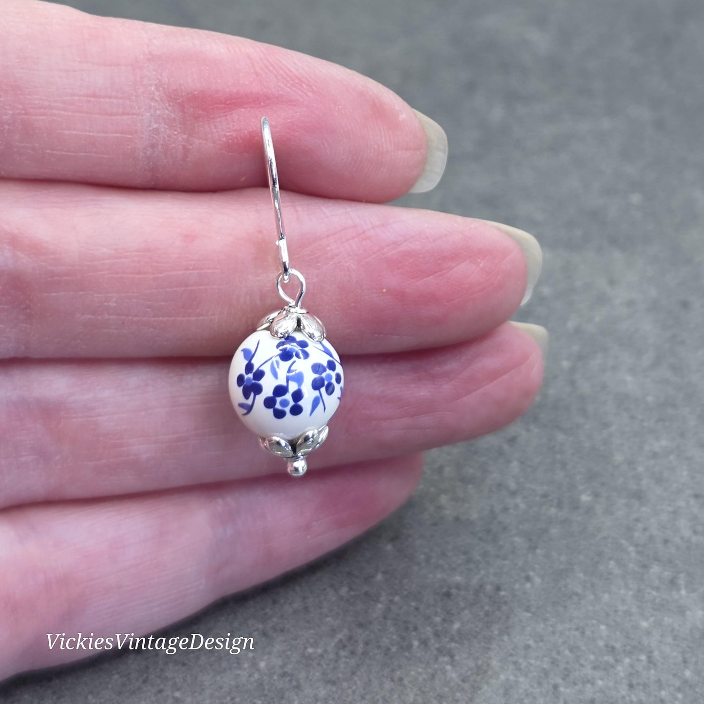 Ceramic Blue and White Flower Earrings; Choice of Ear Wires