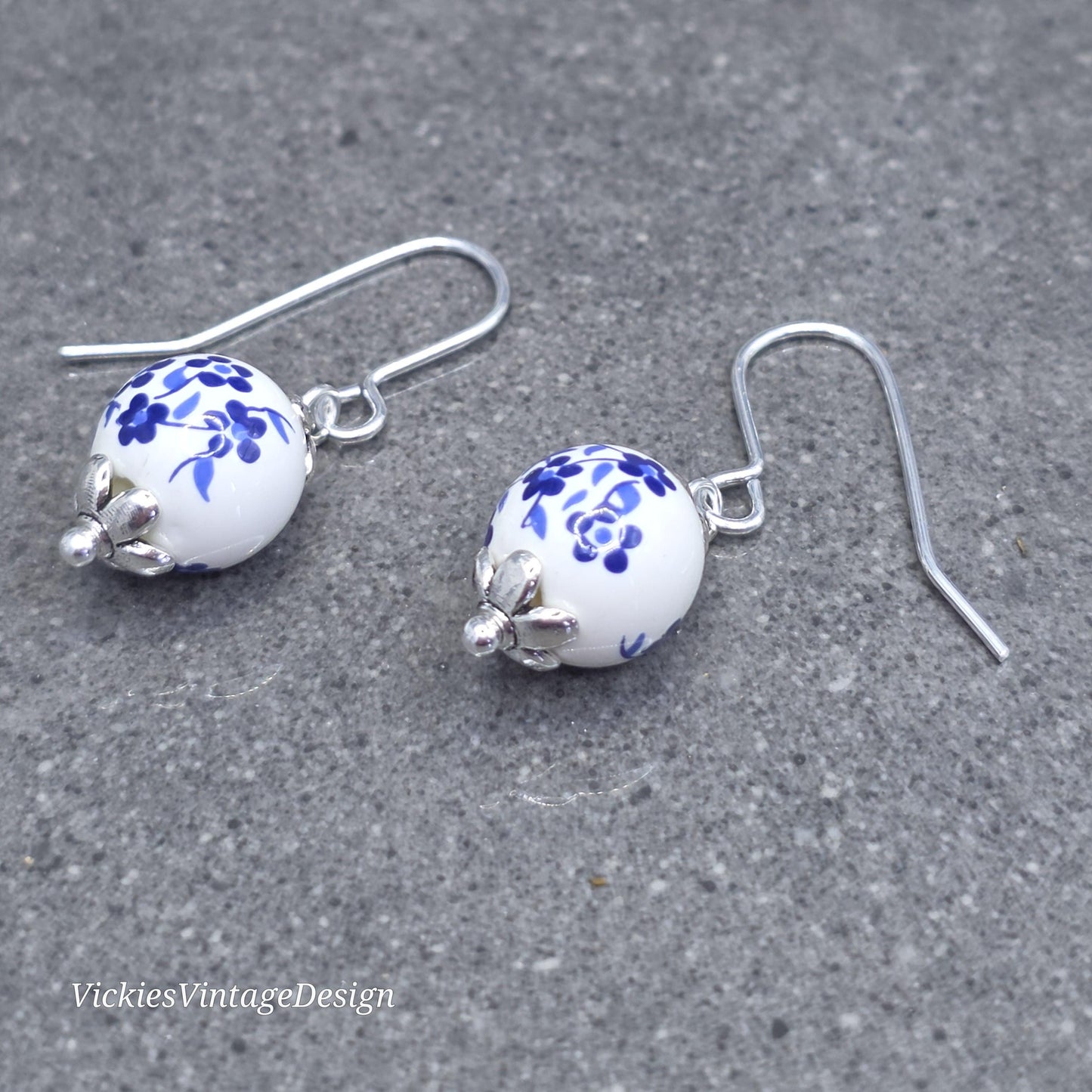 Ceramic Blue and White Flower Earrings; Choice of Ear Wires