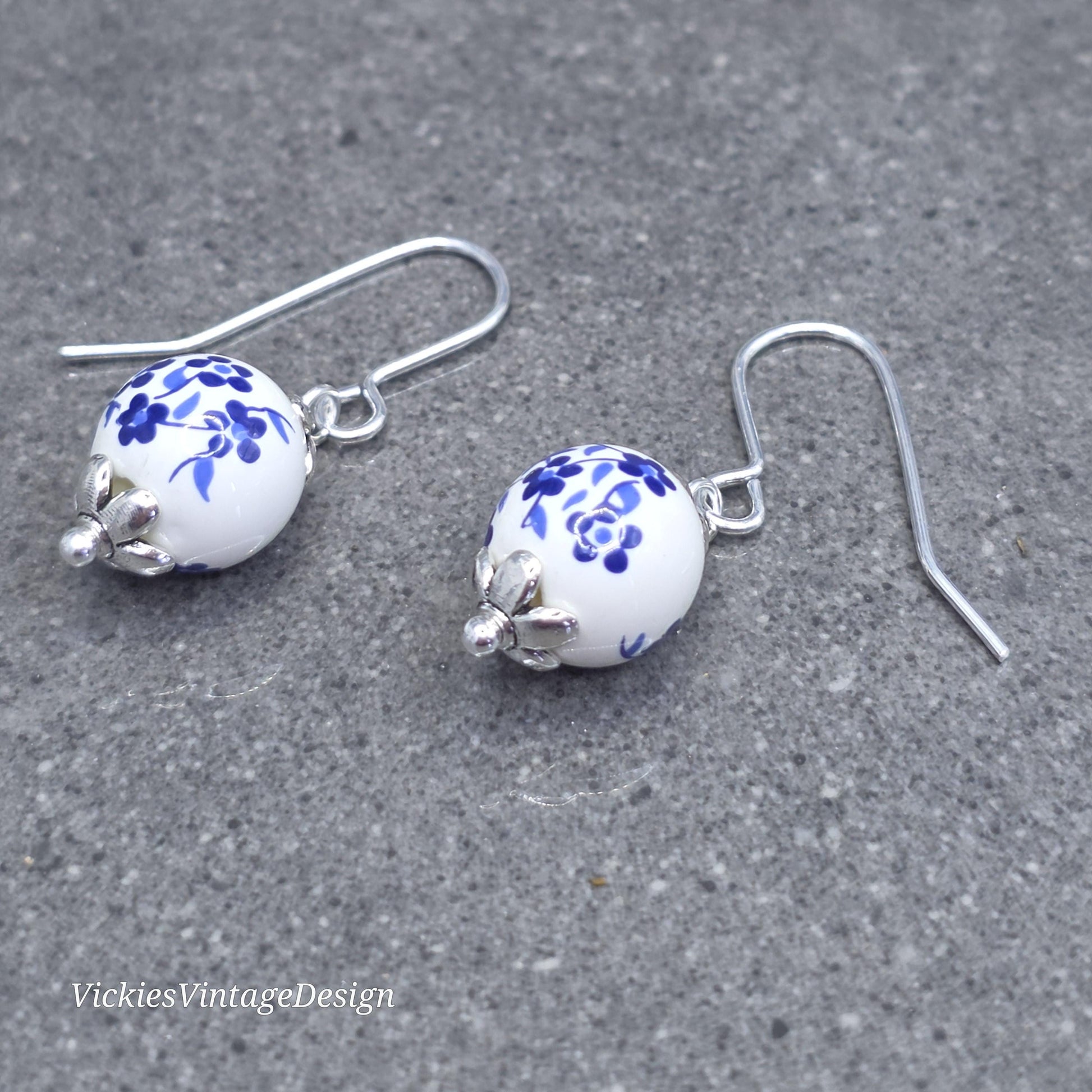 Ceramic Blue and White Flower Earrings; Choice of Ear Wires