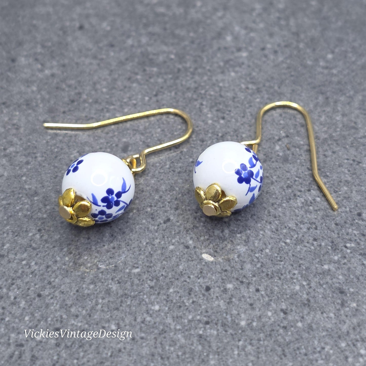 Ceramic Blue and White Flower Earrings; Choice of Ear Wires