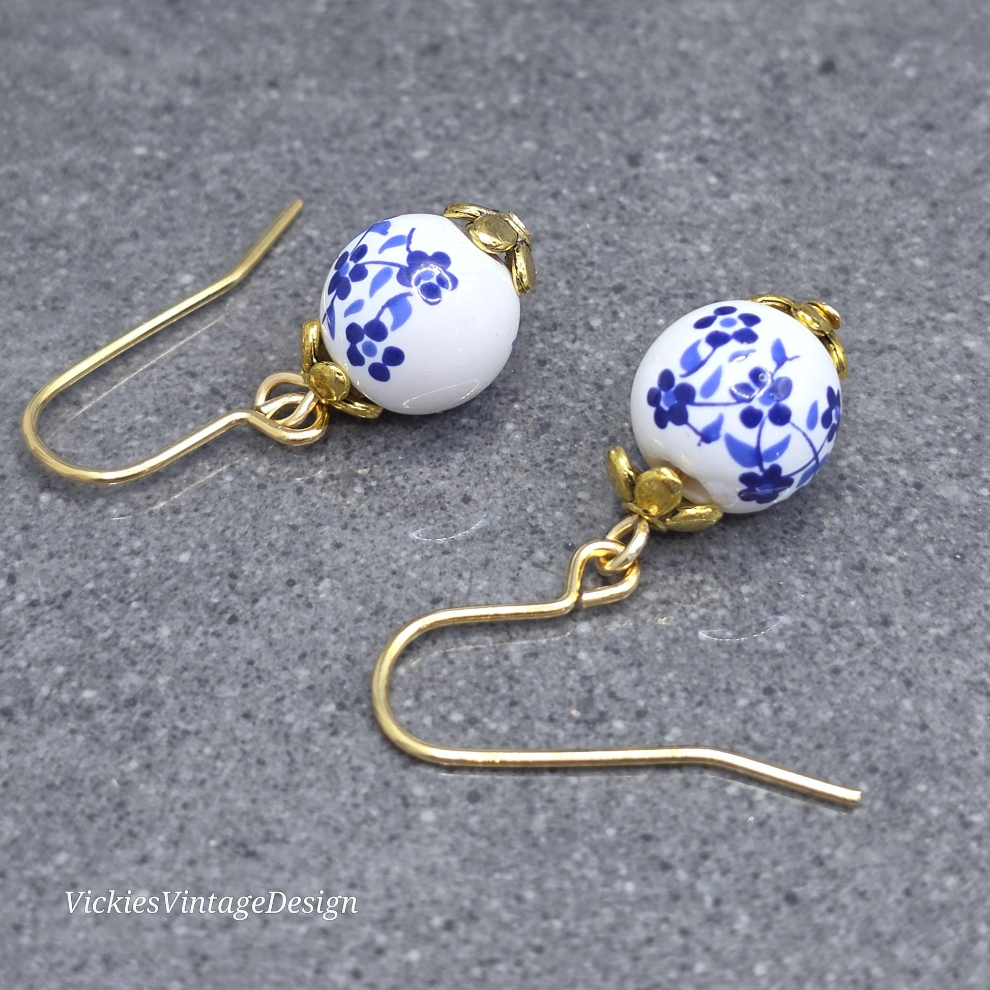 Ceramic Blue and White Flower Earrings; Choice of Ear Wires