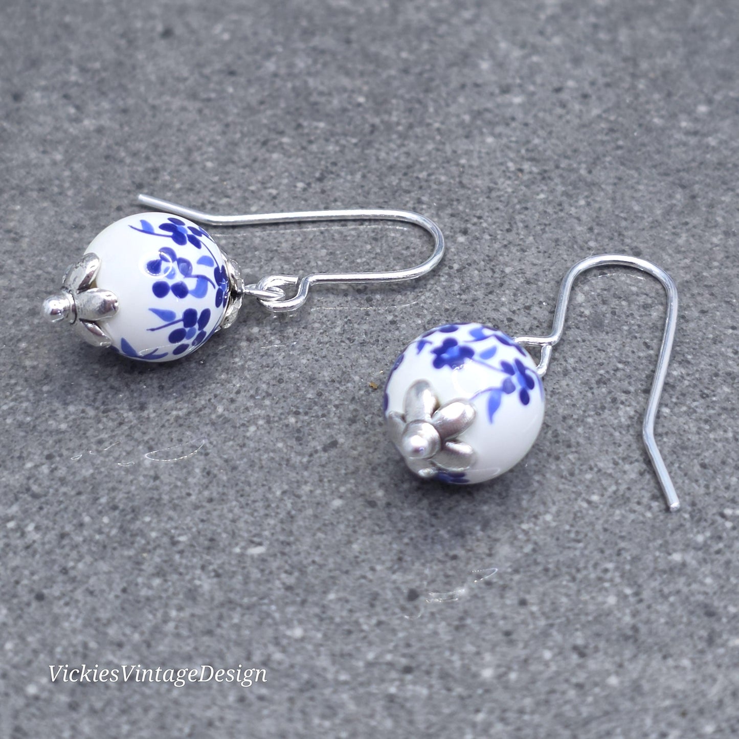 Ceramic Blue and White Flower Earrings; Choice of Ear Wires