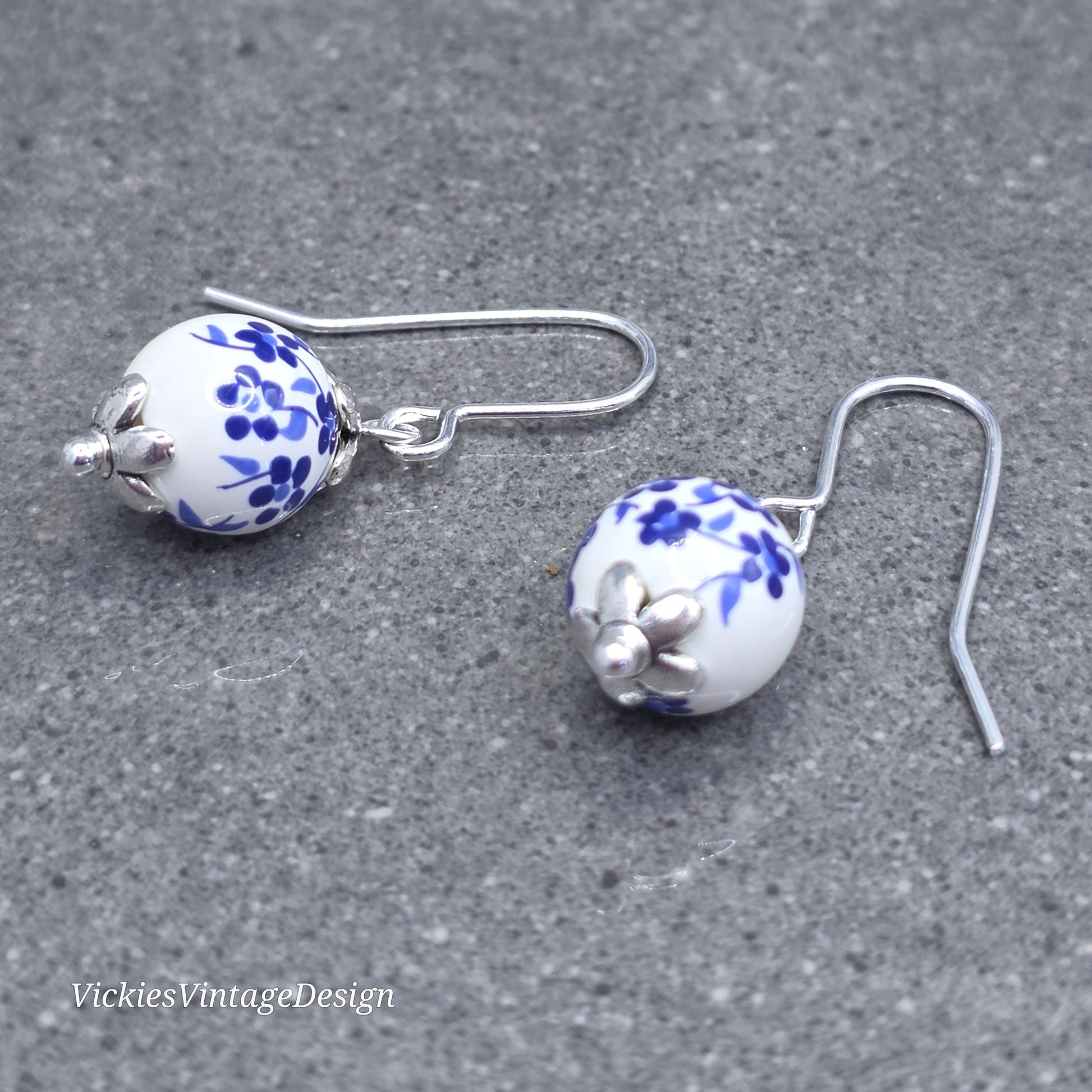 Ceramic Blue and White Flower Earrings; Choice of Ear Wires