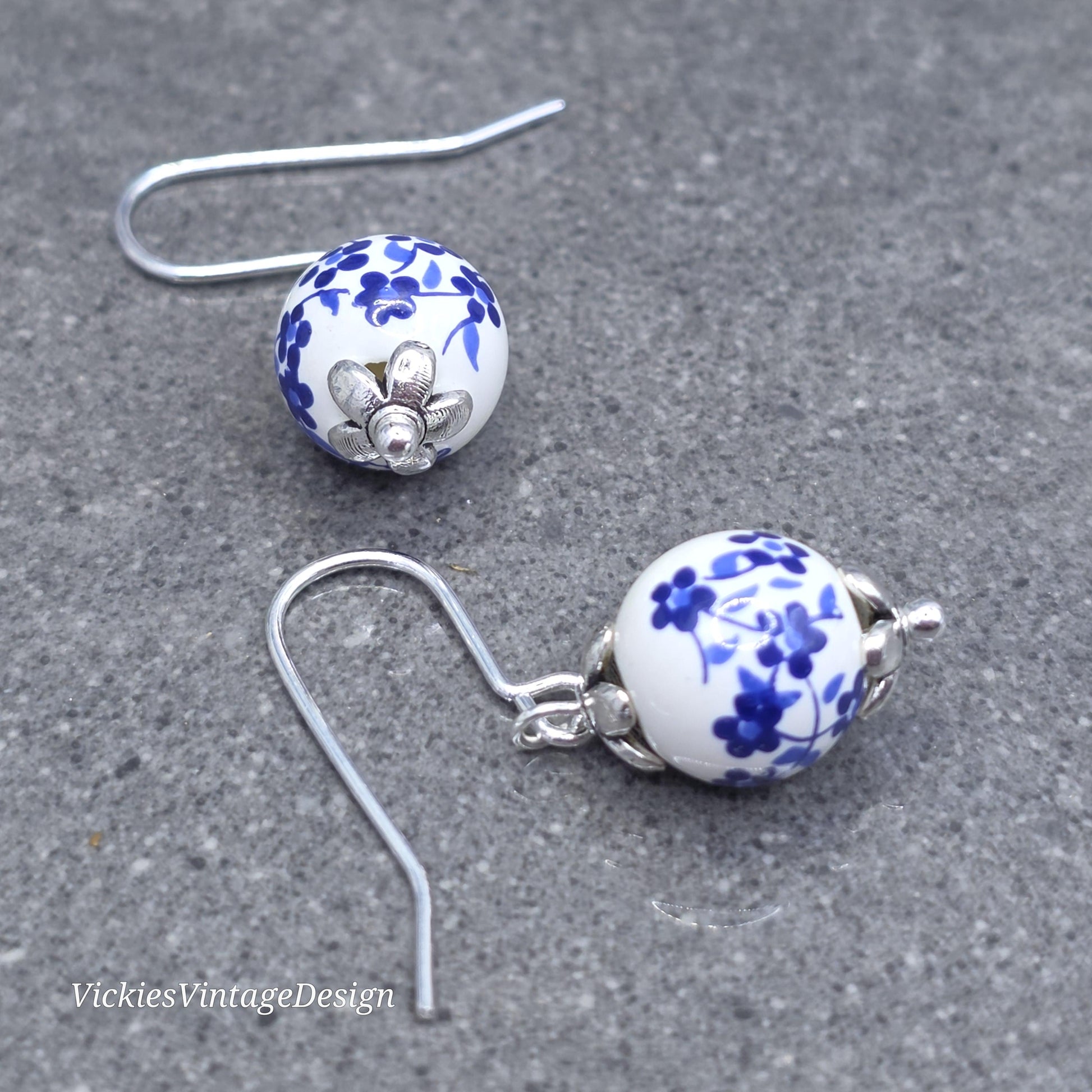 Ceramic Blue and White Flower Earrings; Choice of Ear Wires