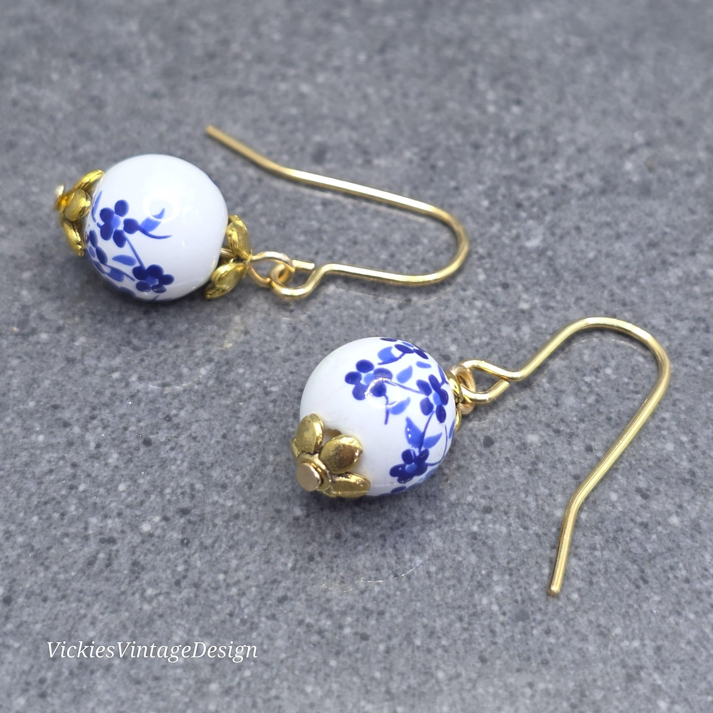 Ceramic Blue and White Flower Earrings; Choice of Ear Wires