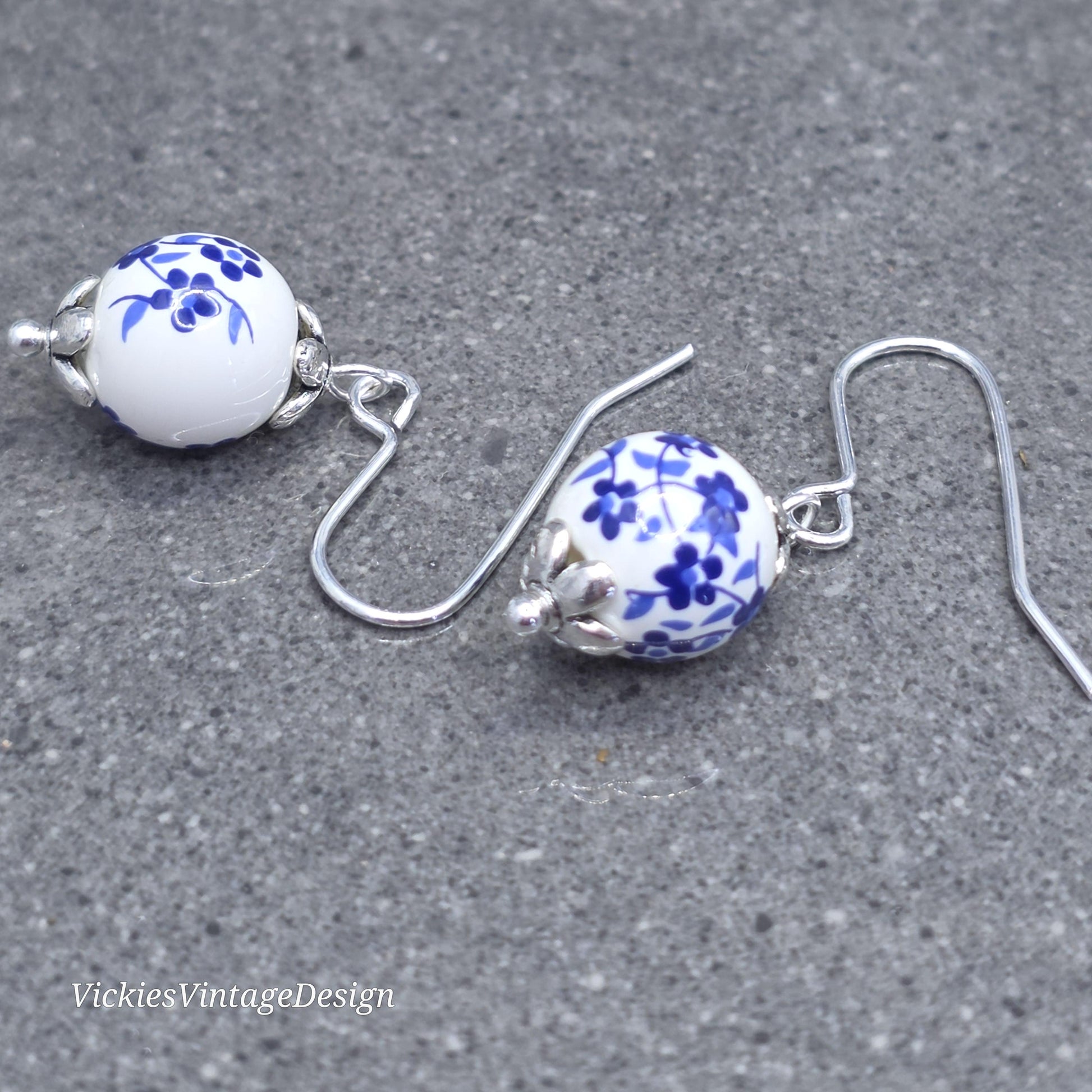 Ceramic Blue and White Flower Earrings; Choice of Ear Wires