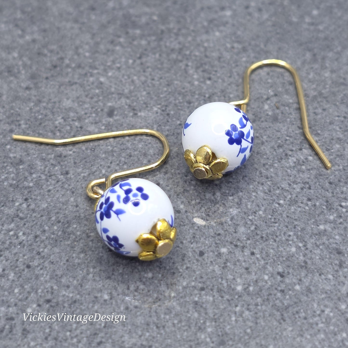 Ceramic Blue and White Flower Earrings; Choice of Ear Wires