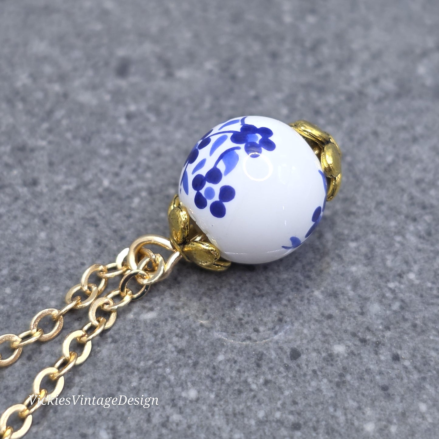 Ceramic Blue and White Flower Bead Necklace; With a Choice of Chains