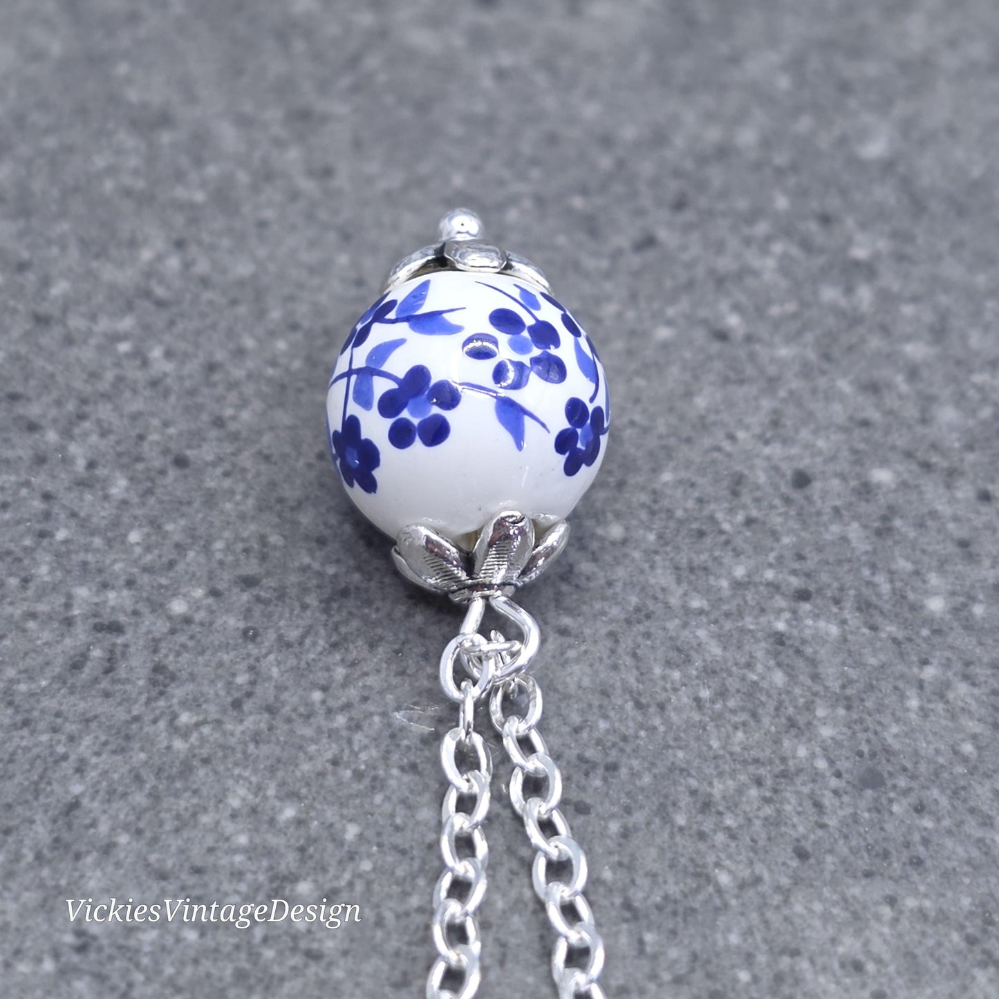 Ceramic Blue and White Flower Bead Necklace; With a Choice of Chains