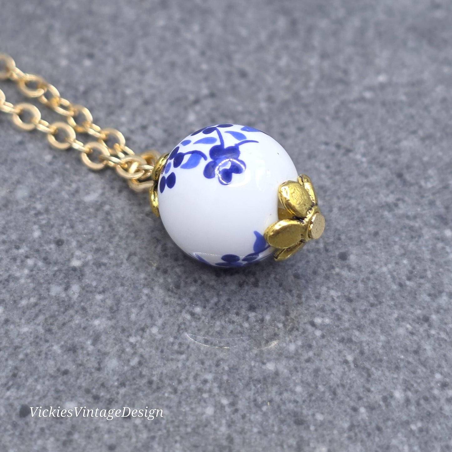 Ceramic Blue and White Flower Bead Necklace; With a Choice of Chains