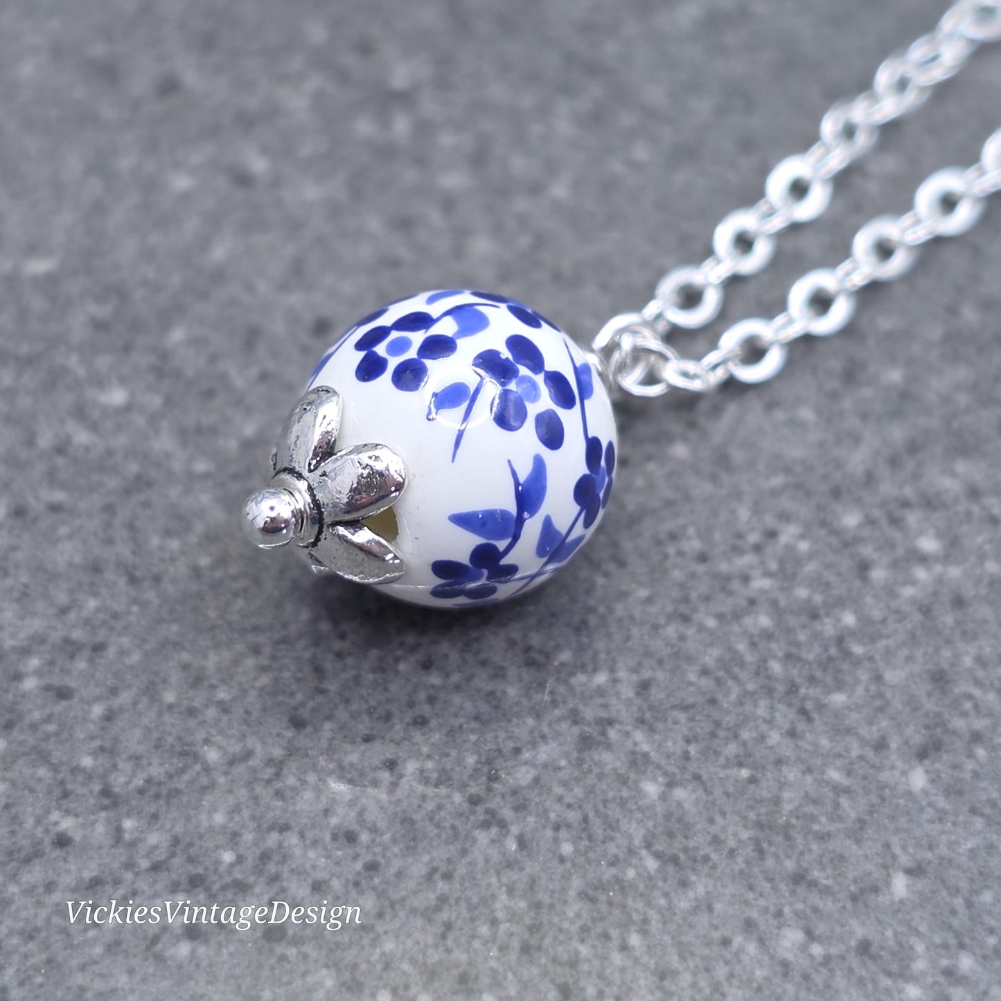 Ceramic Blue and White Flower Bead Necklace; With a Choice of Chains